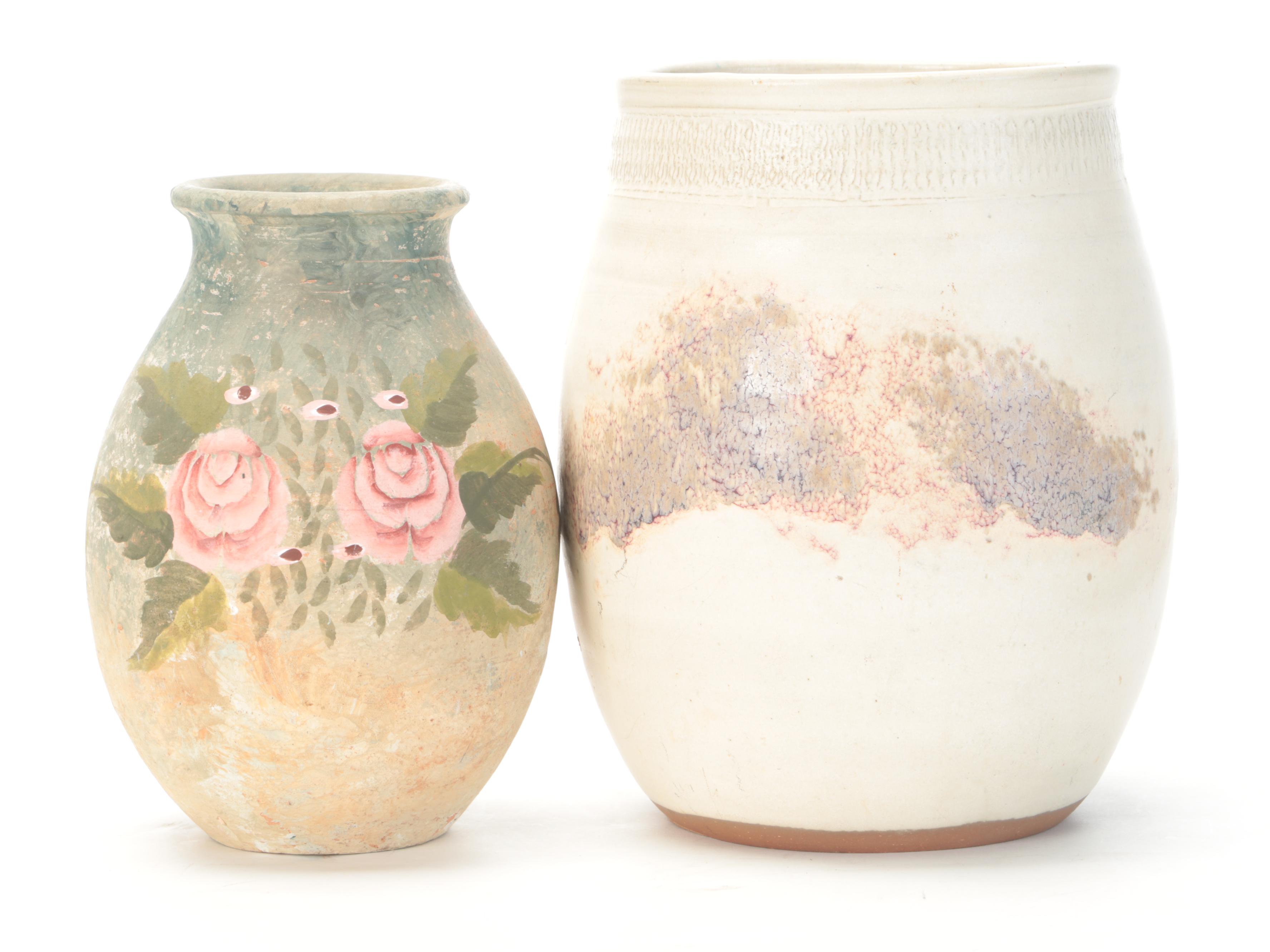 Victorian Wall Shelves and Pious Print and Two Vases