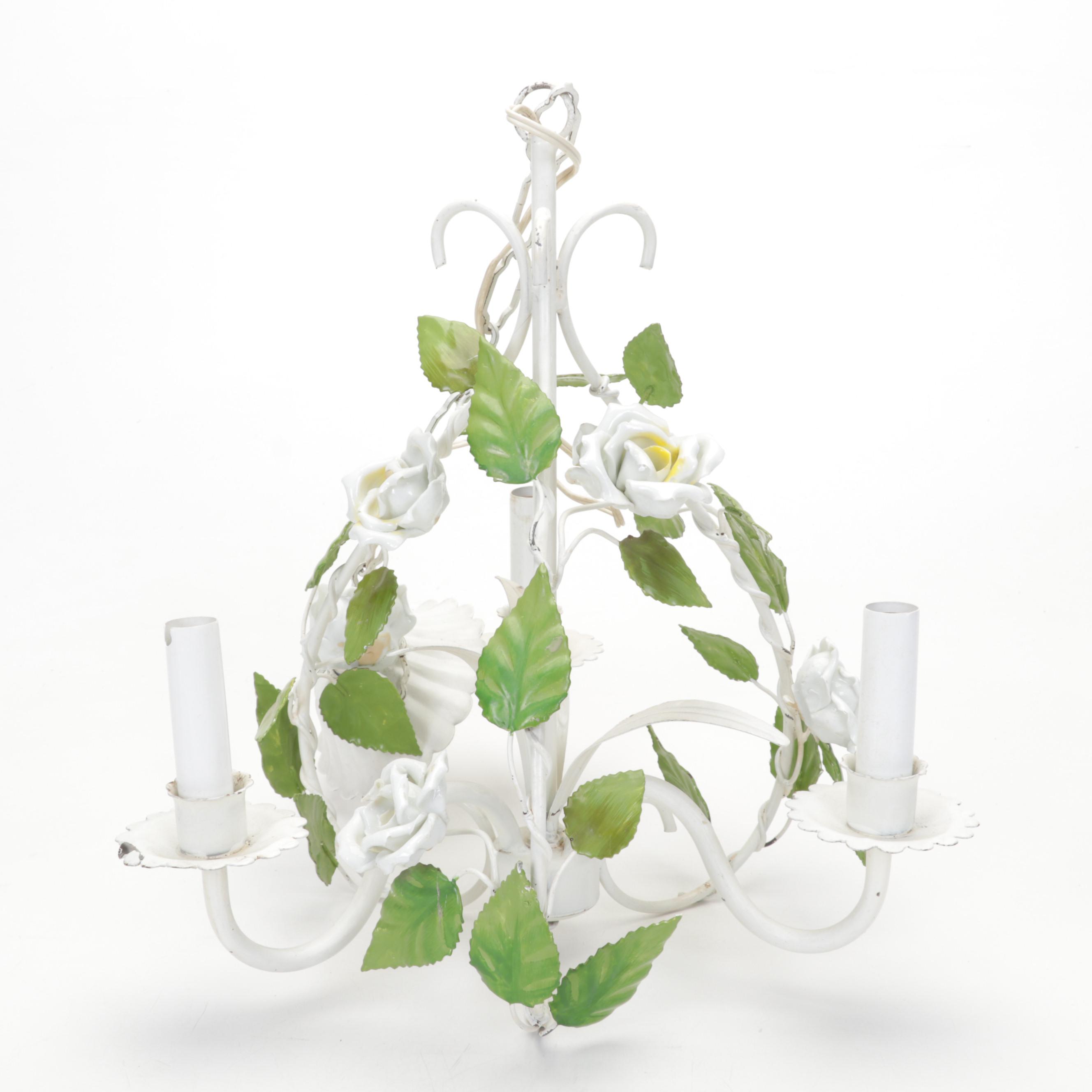 Metal & Porcelain White Rose Chandelier, Tumblers, Depression Glass Tray, & More