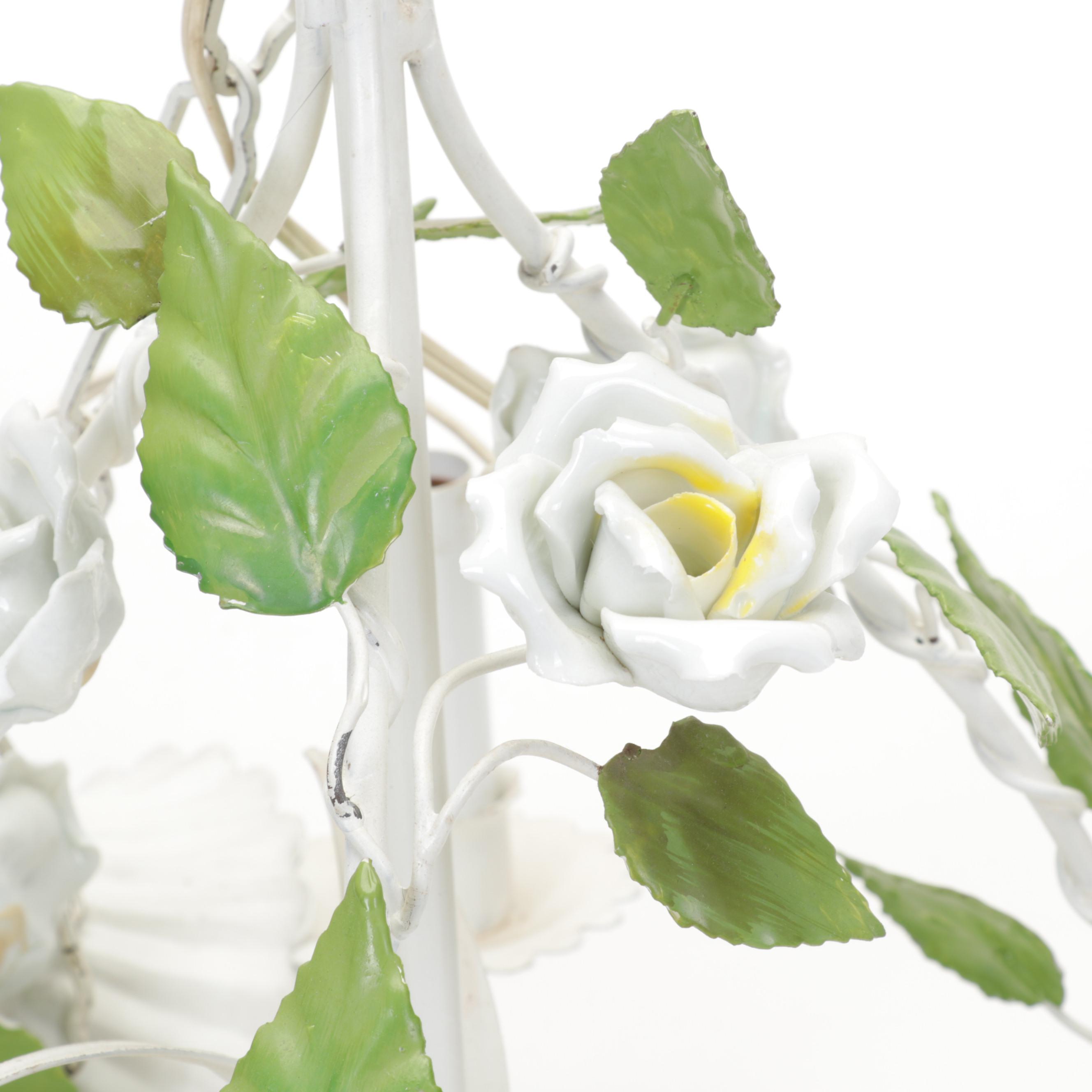 Metal & Porcelain White Rose Chandelier, Tumblers, Depression Glass Tray, & More