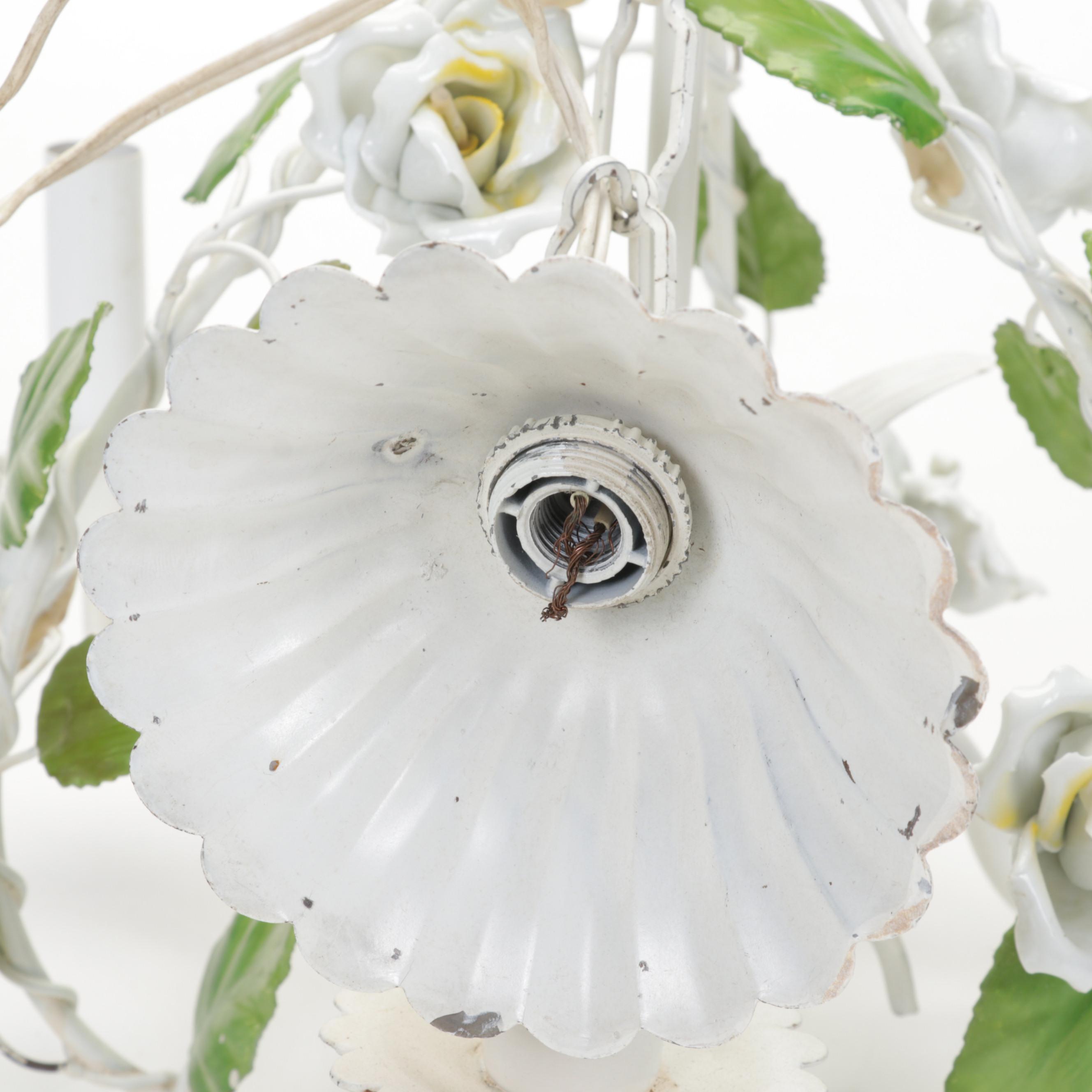 Metal & Porcelain White Rose Chandelier, Tumblers, Depression Glass Tray, & More