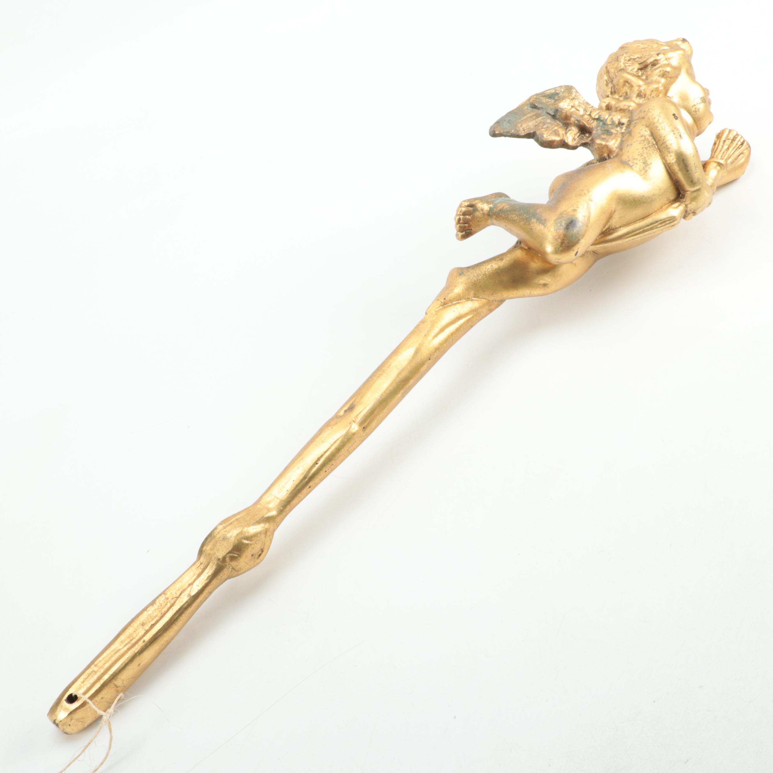 Brass Candle Holder with Gilt Cast Resin Cherub Scepter
