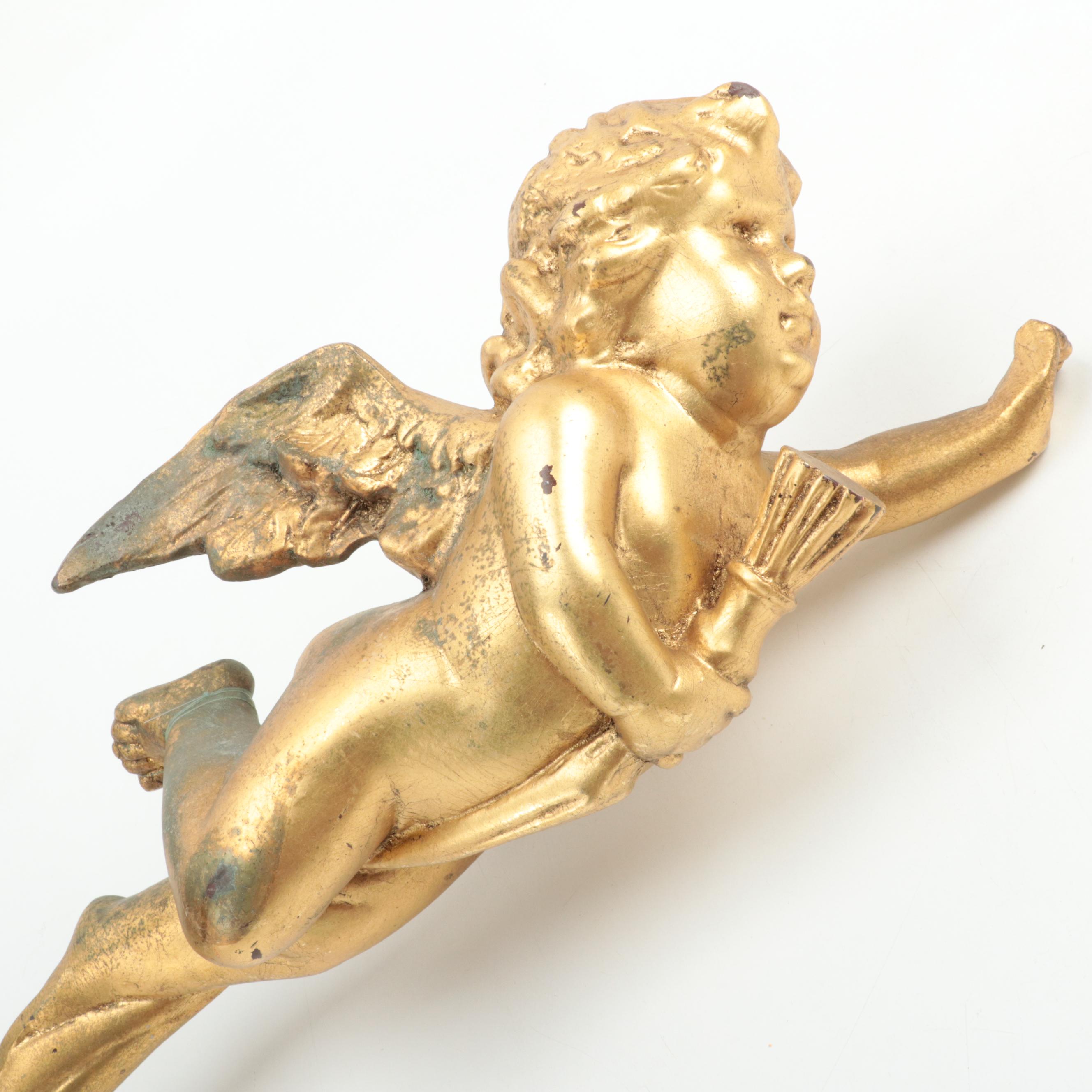 Brass Candle Holder with Gilt Cast Resin Cherub Scepter
