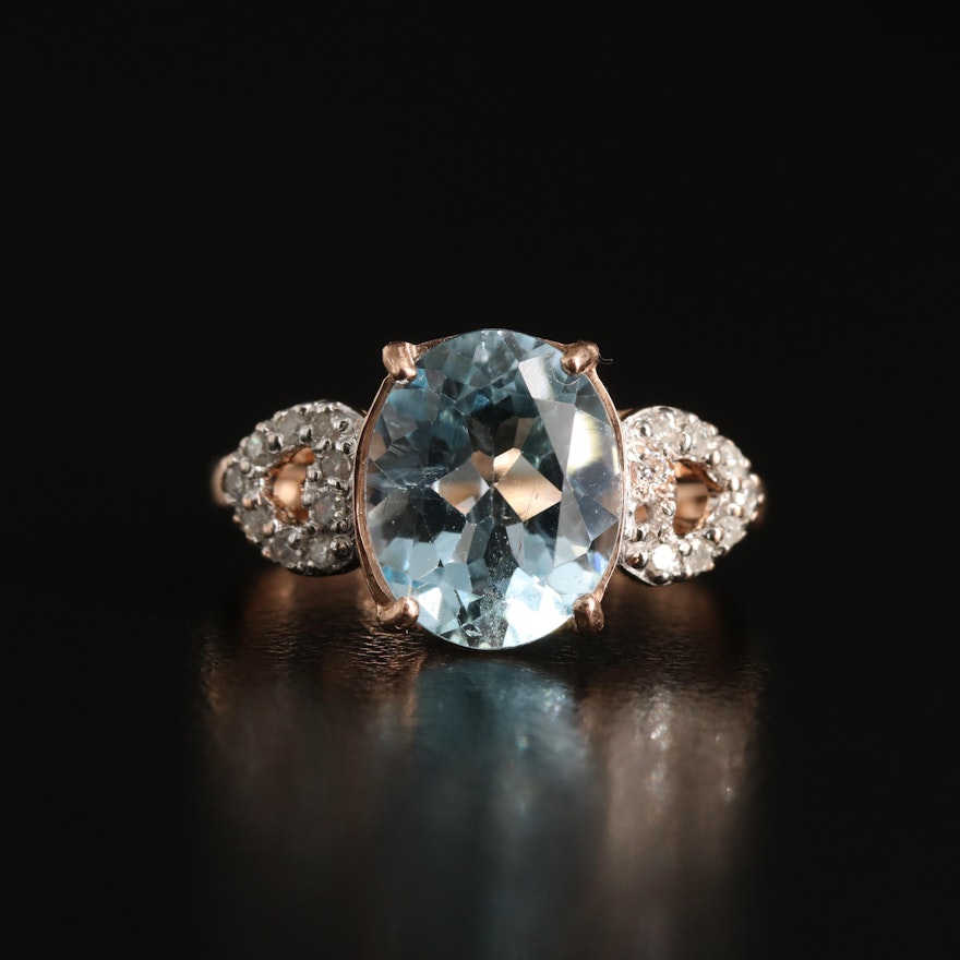 14K Rose Gold Sky Blue Topaz and Diamond Ring with Heart Shoulders