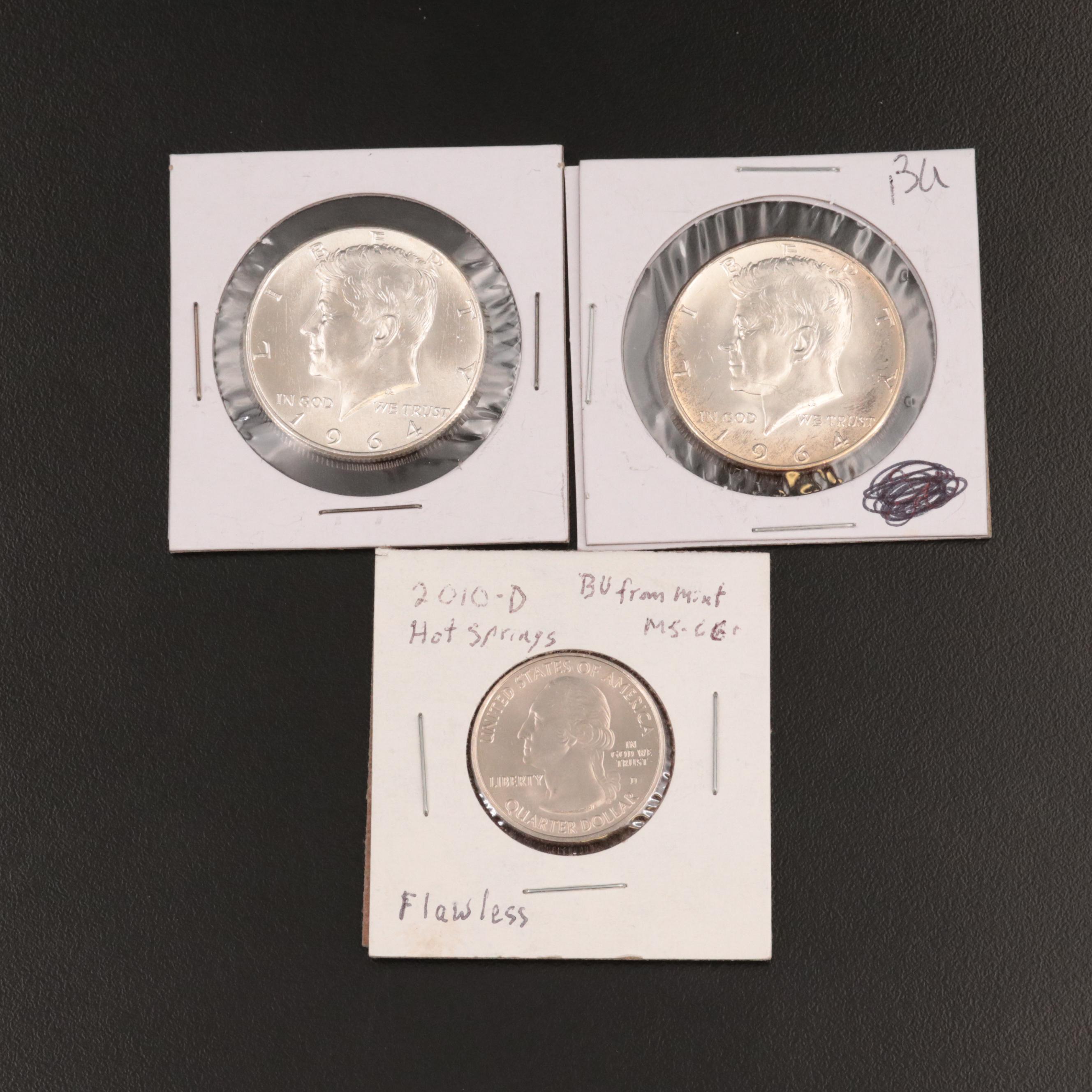 Two Uncirculated Silver Kennedy Half Dollars and 2010-D Hot Springs Quarter