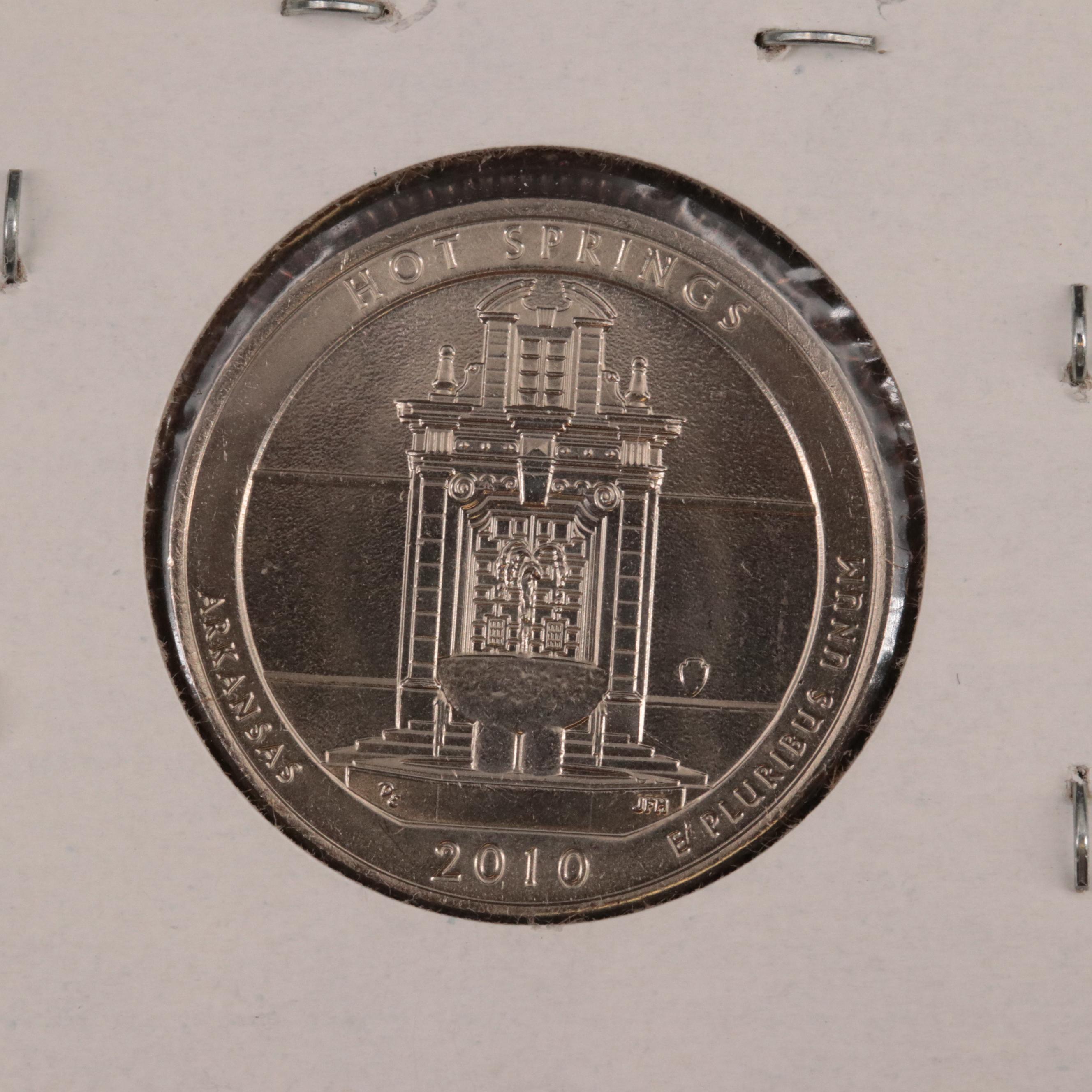 Two Uncirculated Silver Kennedy Half Dollars and 2010-D Hot Springs Quarter