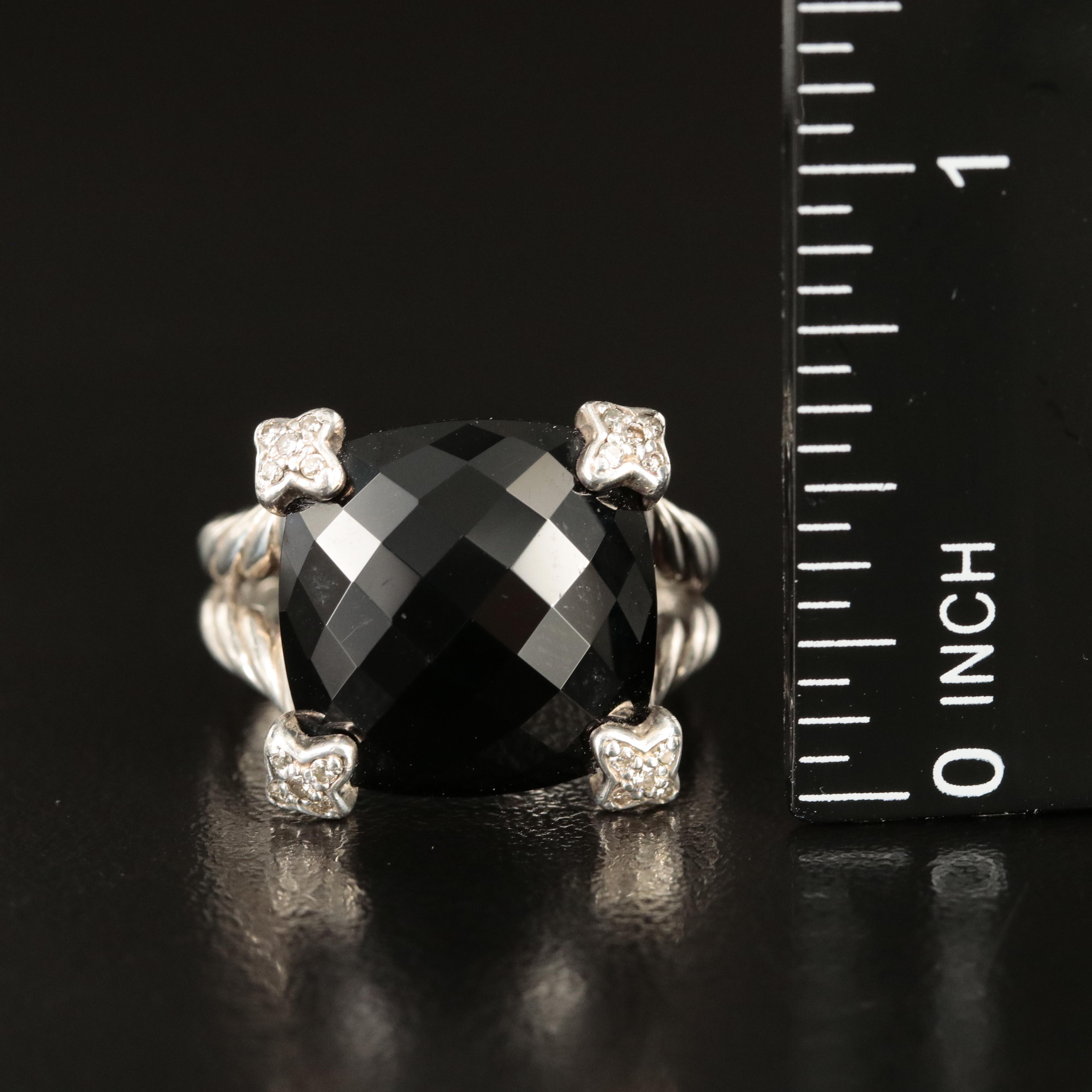 David Yurman "On Point" Sterling Black Onyx and Diamond Ring