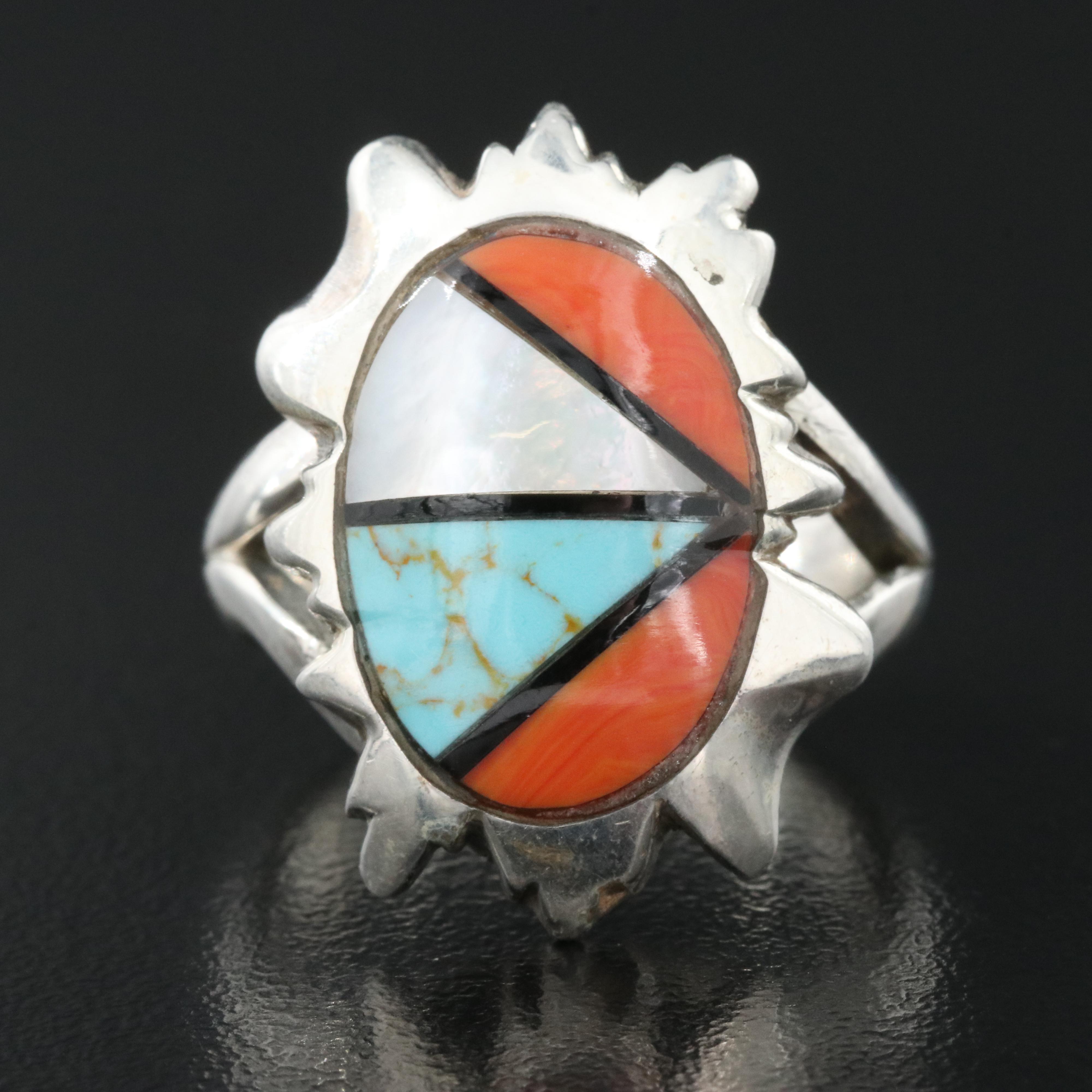 Western Style Sterling Ring Including Mother-of-Pearl and Faux Turquoise