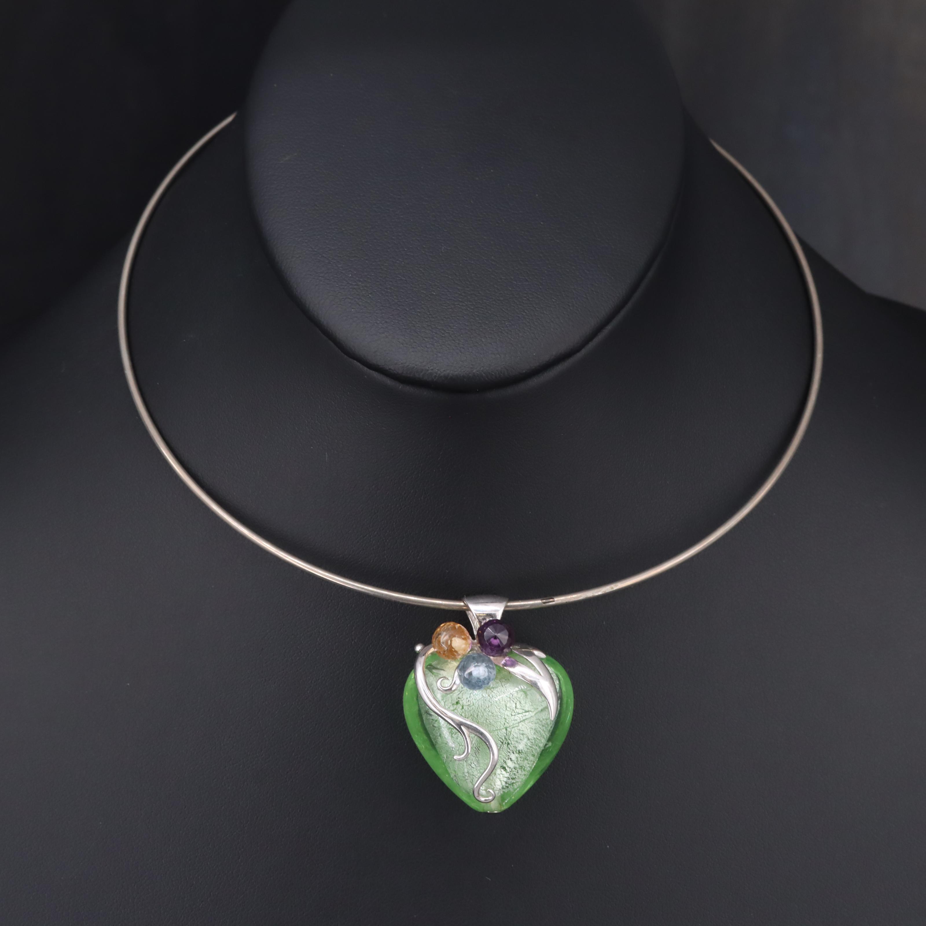 Sterling Art Glass, Amethyst and Gemstone Heart Pendant on Collar