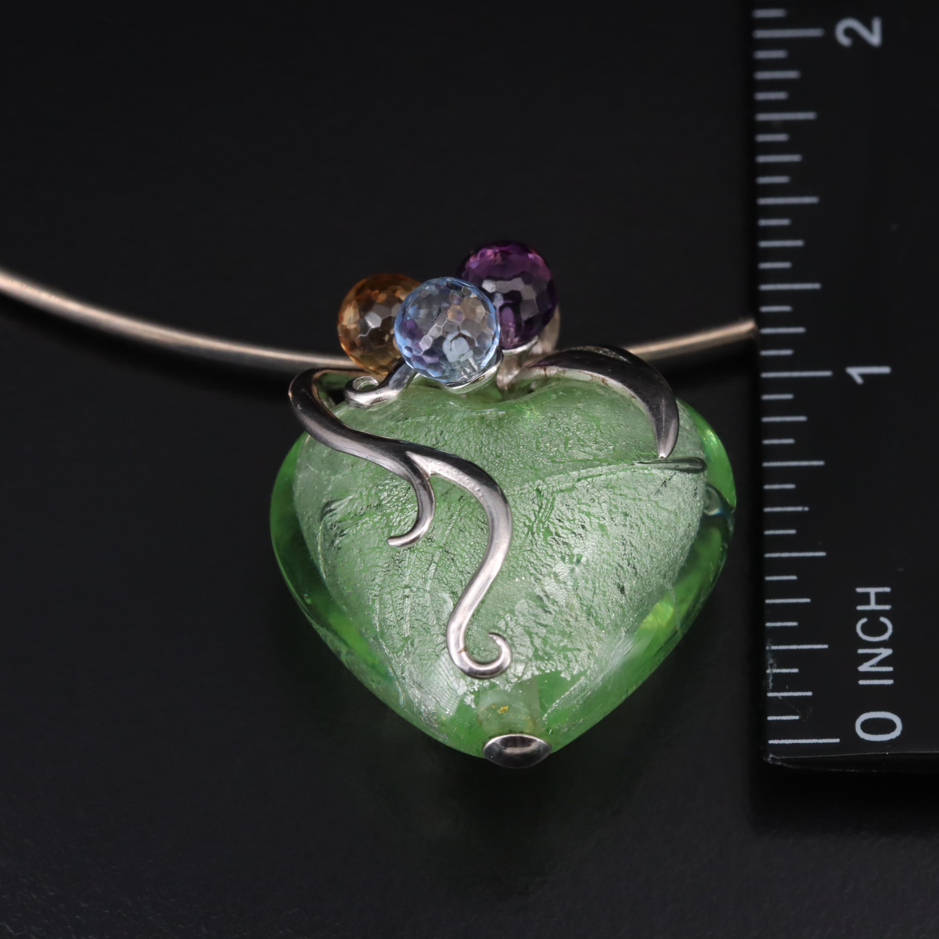 Sterling Art Glass, Amethyst and Gemstone Heart Pendant on Collar