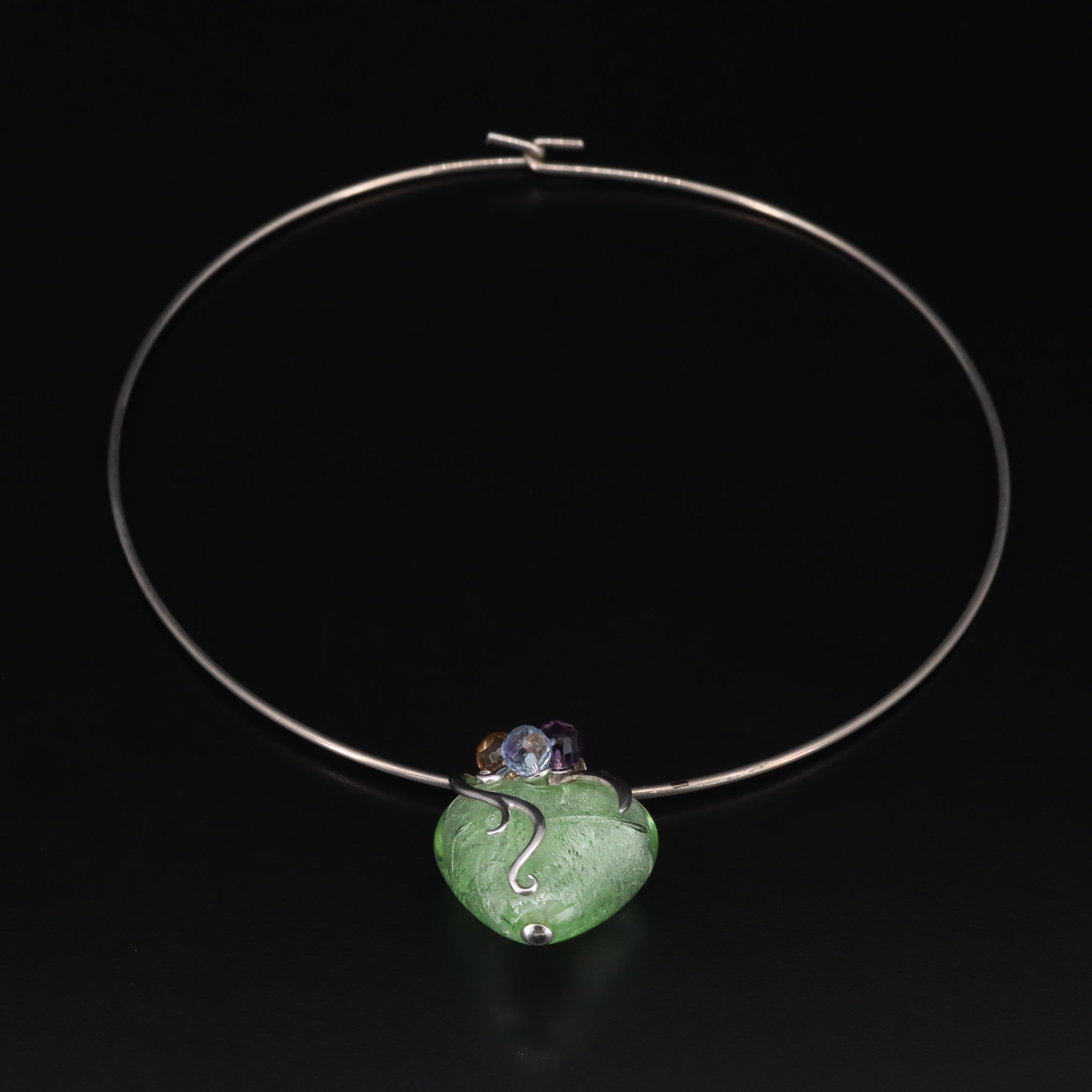 Sterling Art Glass, Amethyst and Gemstone Heart Pendant on Collar