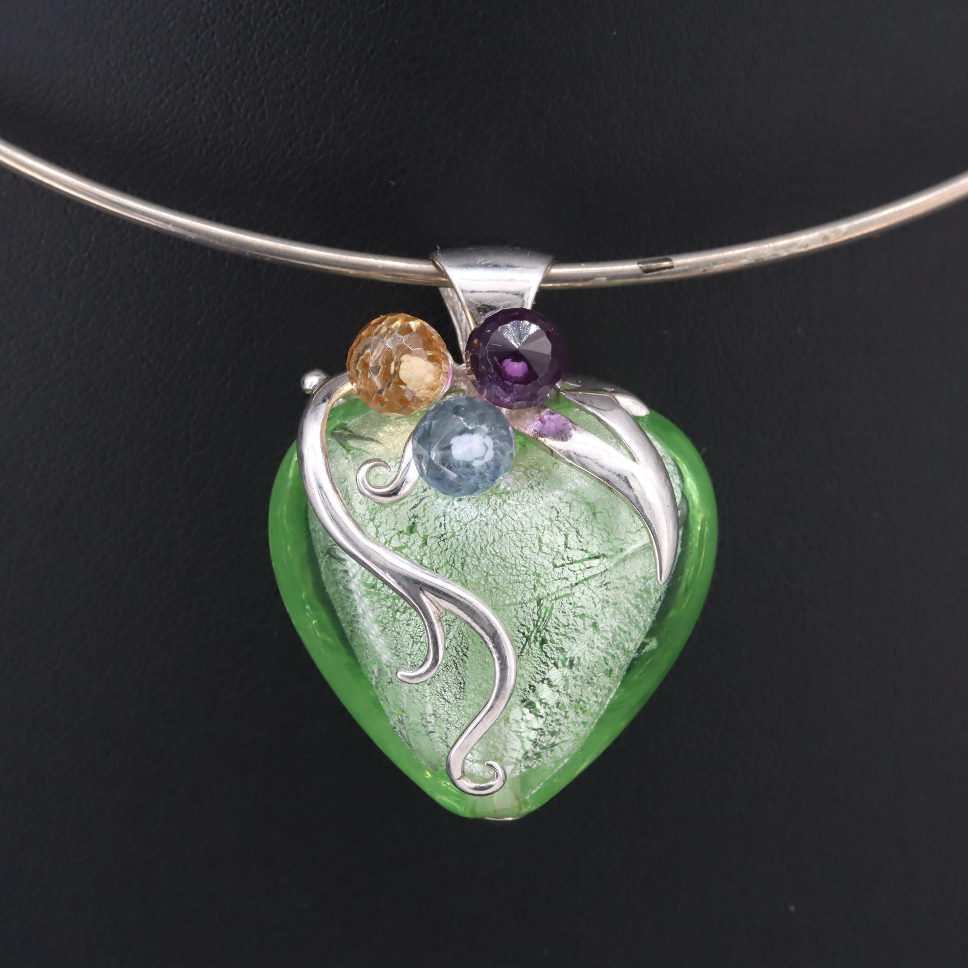 Sterling Art Glass, Amethyst and Gemstone Heart Pendant on Collar