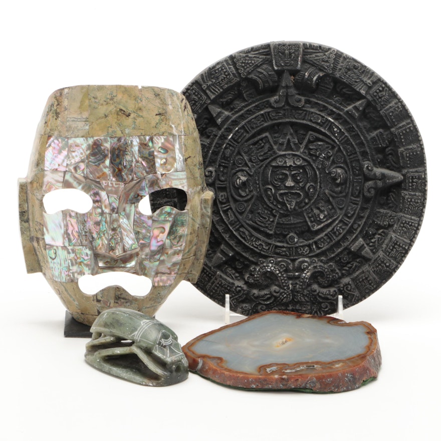 Mexican Abalone and Soapstone Mask With Ceramic Aztec Calendar, More