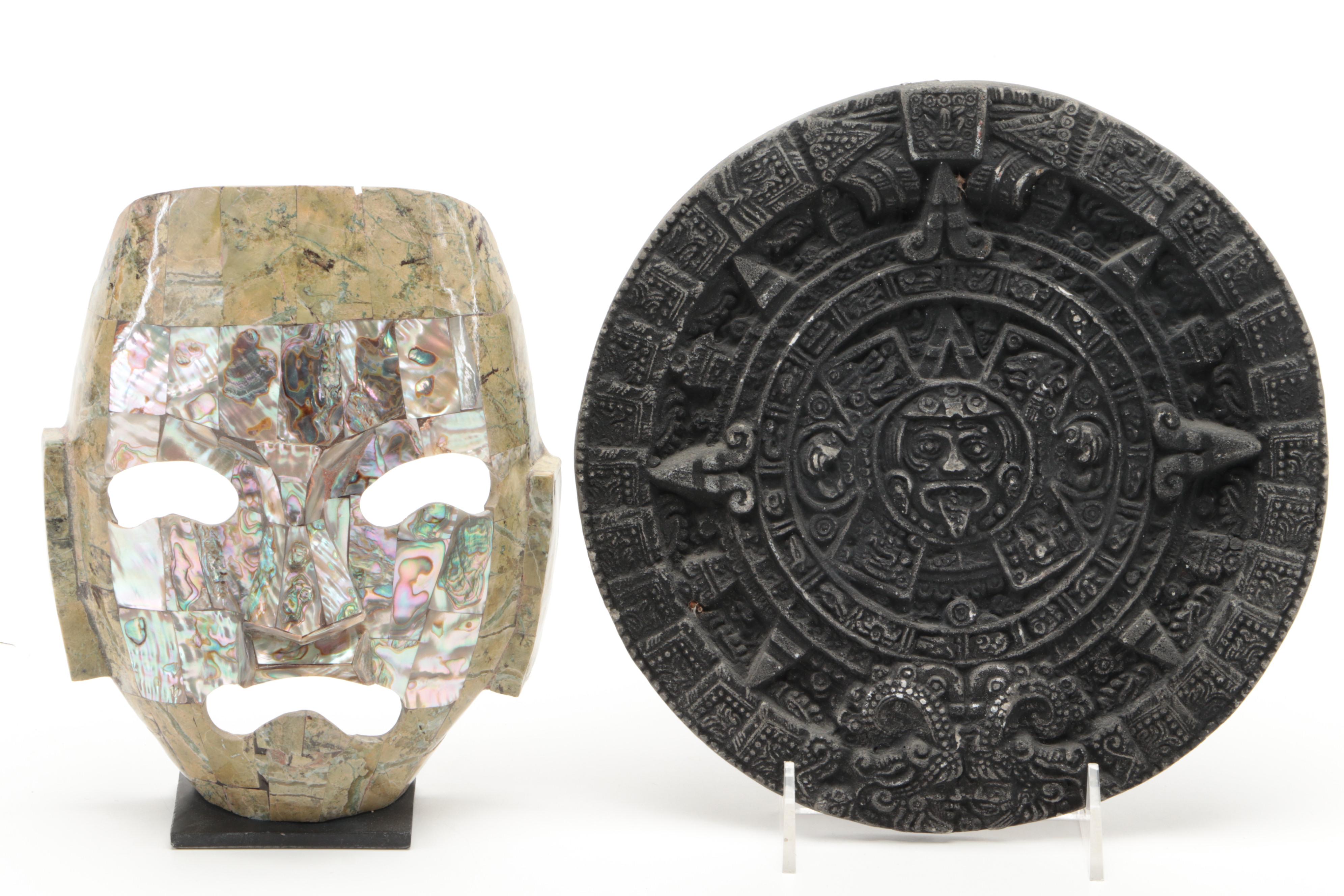 Mexican Abalone and Soapstone Mask With Ceramic Aztec Calendar, More