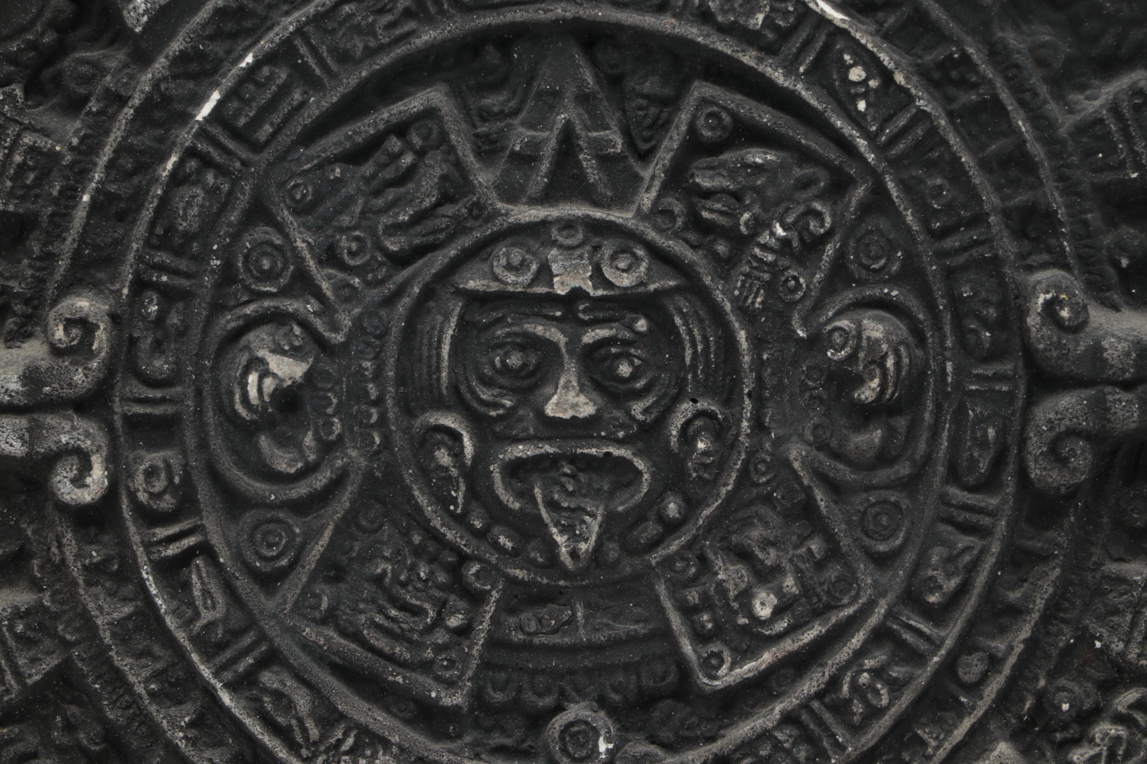 Mexican Abalone and Soapstone Mask With Ceramic Aztec Calendar, More