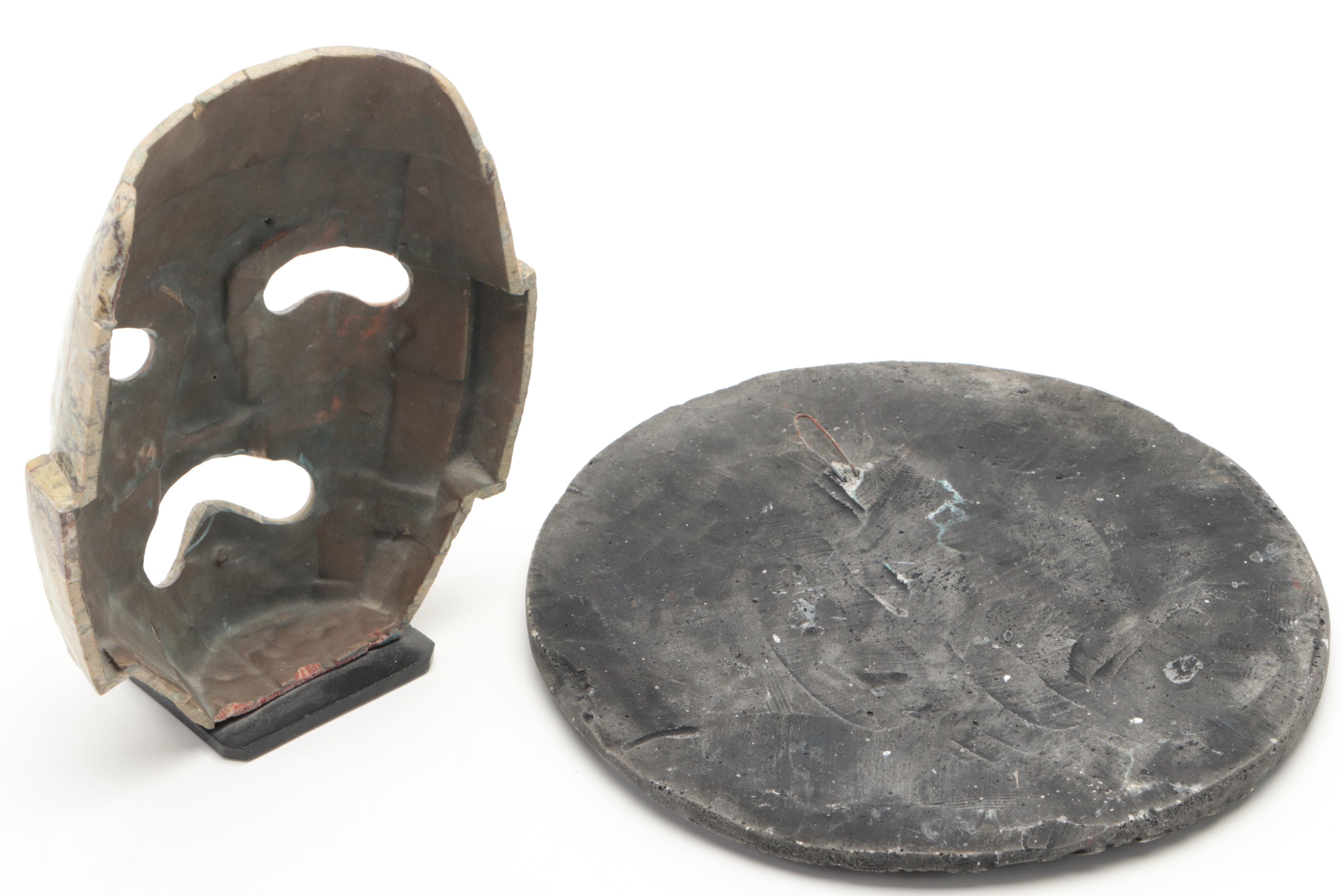 Mexican Abalone and Soapstone Mask With Ceramic Aztec Calendar, More