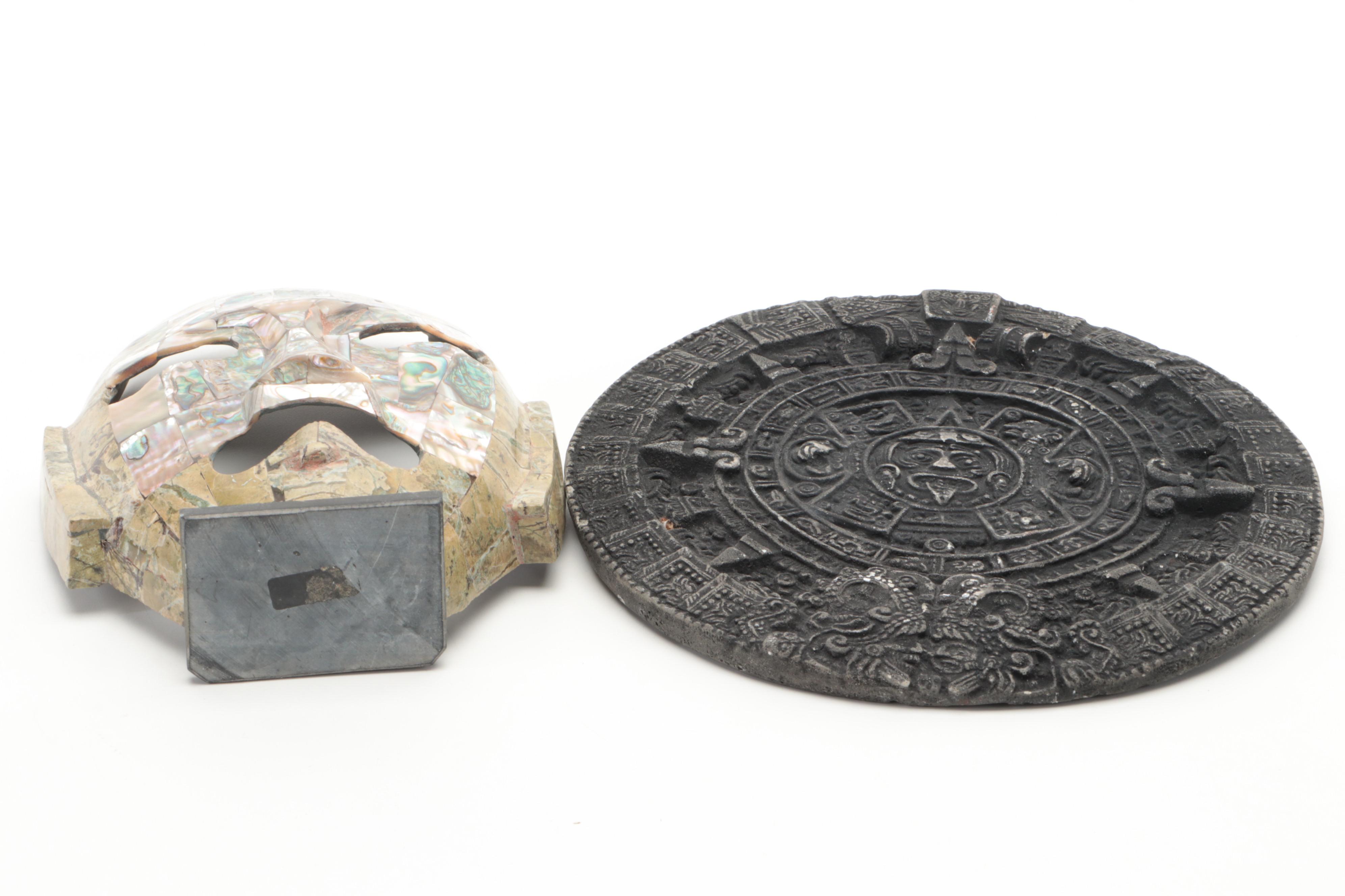 Mexican Abalone and Soapstone Mask With Ceramic Aztec Calendar, More