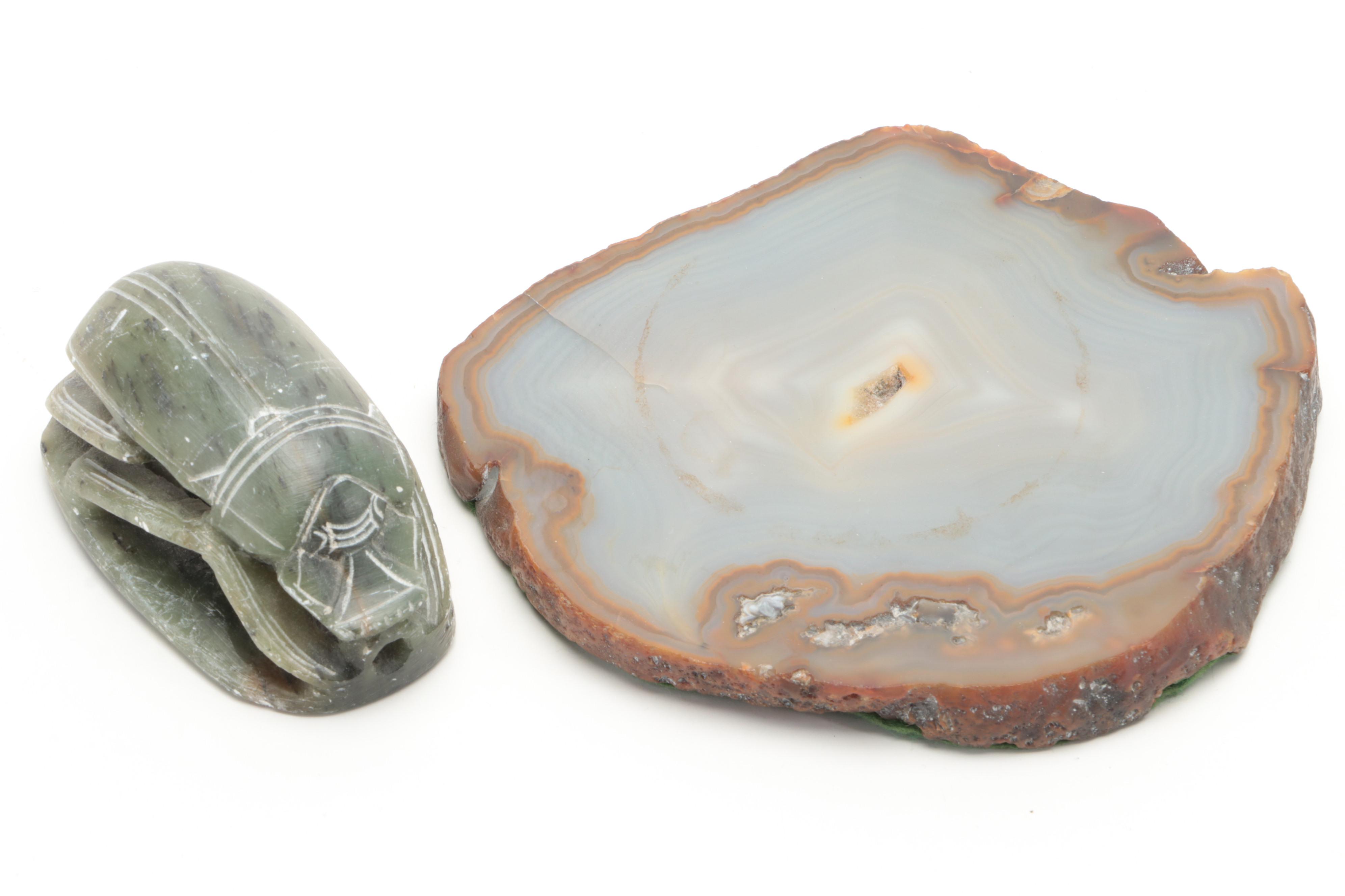 Mexican Abalone and Soapstone Mask With Ceramic Aztec Calendar, More