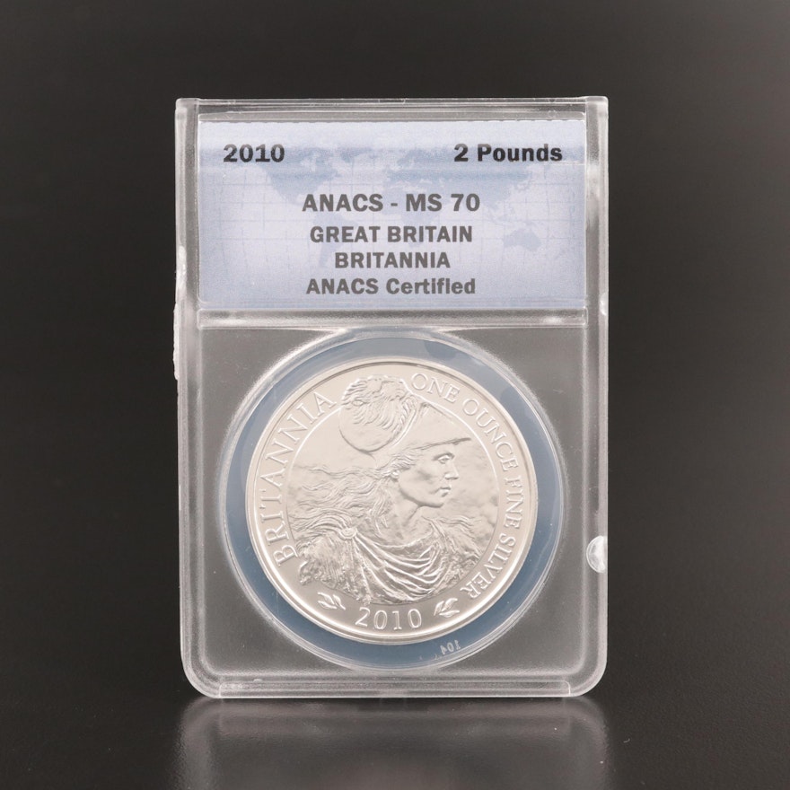 ANACS Graded MS70 2010 Great Britain Britannia .958 Silver Two Pound Coin