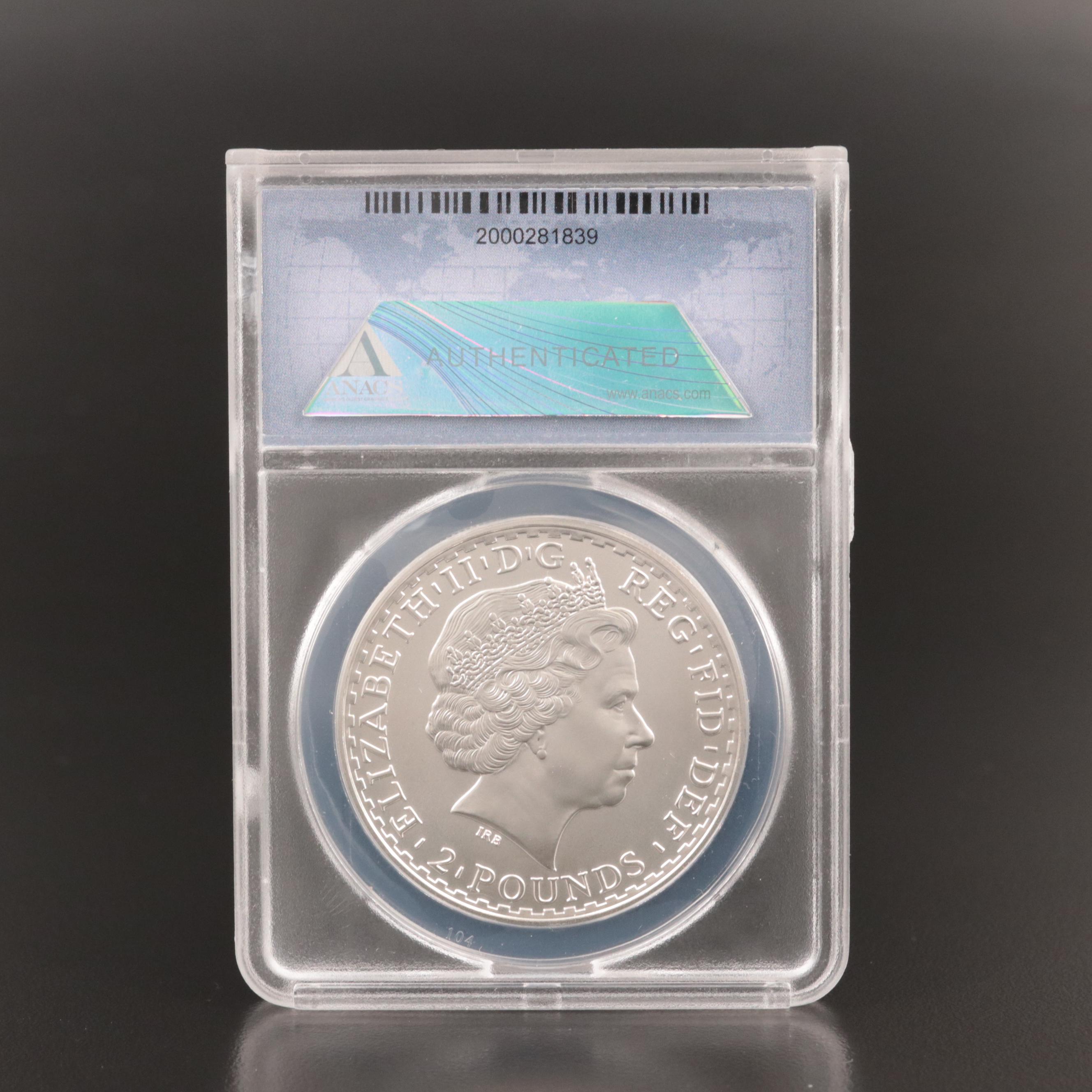 ANACS Graded MS70 2010 Great Britain Britannia .958 Silver Two Pound Coin
