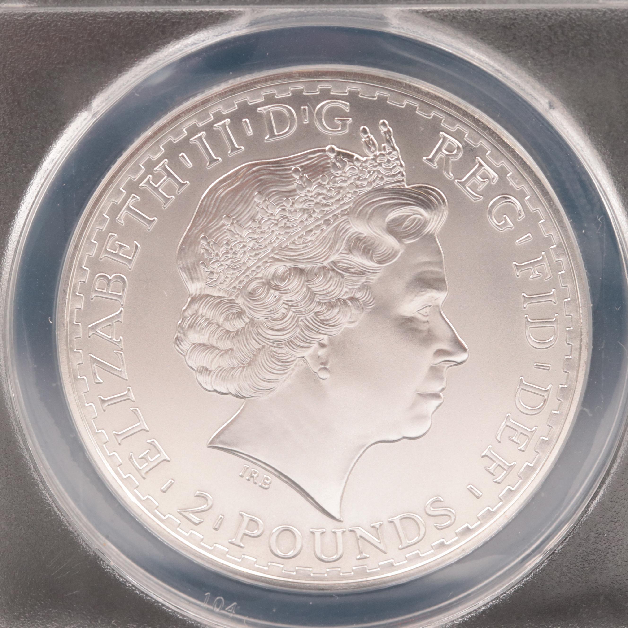 ANACS Graded MS70 2010 Great Britain Britannia .958 Silver Two Pound Coin