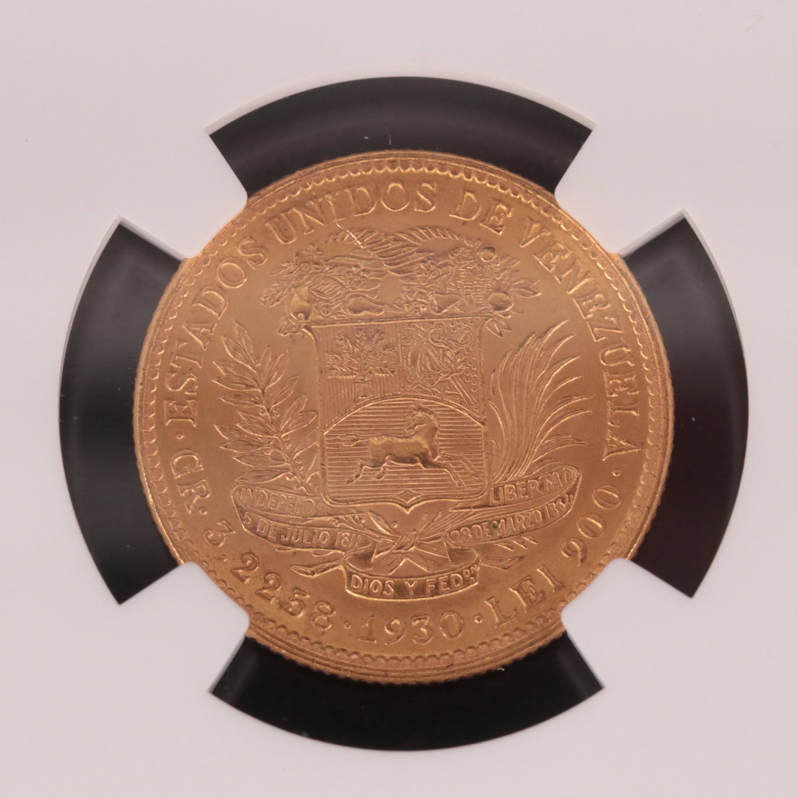 NGC Graded MS62 1930 Venezuela 10 Bolivars Gold Coin