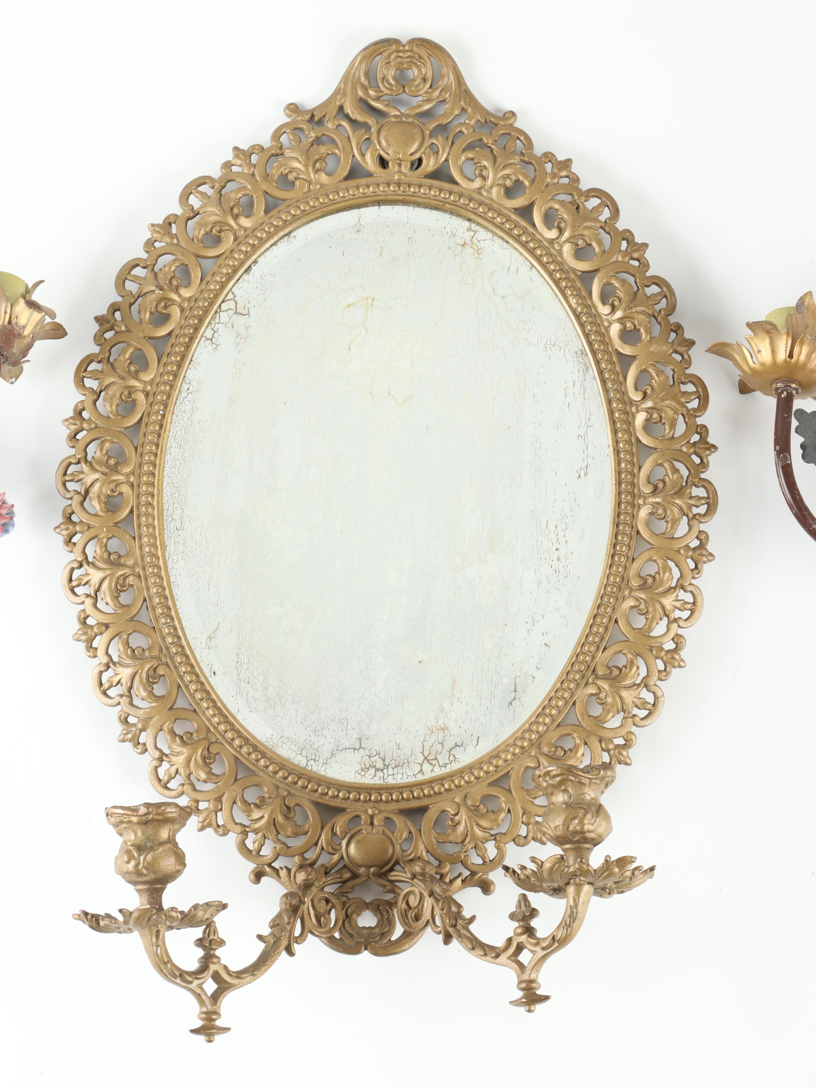 Rococo Style  Wall Mirror with French Porcelain Floral and Metal Candle Sconces
