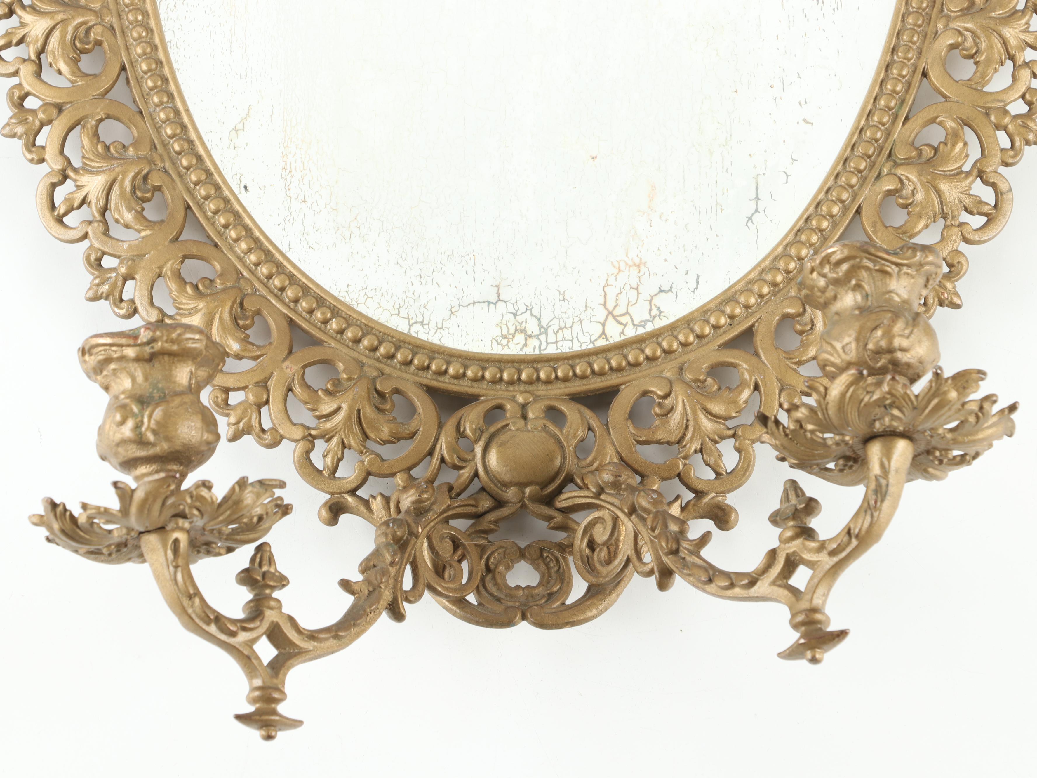 Rococo Style  Wall Mirror with French Porcelain Floral and Metal Candle Sconces