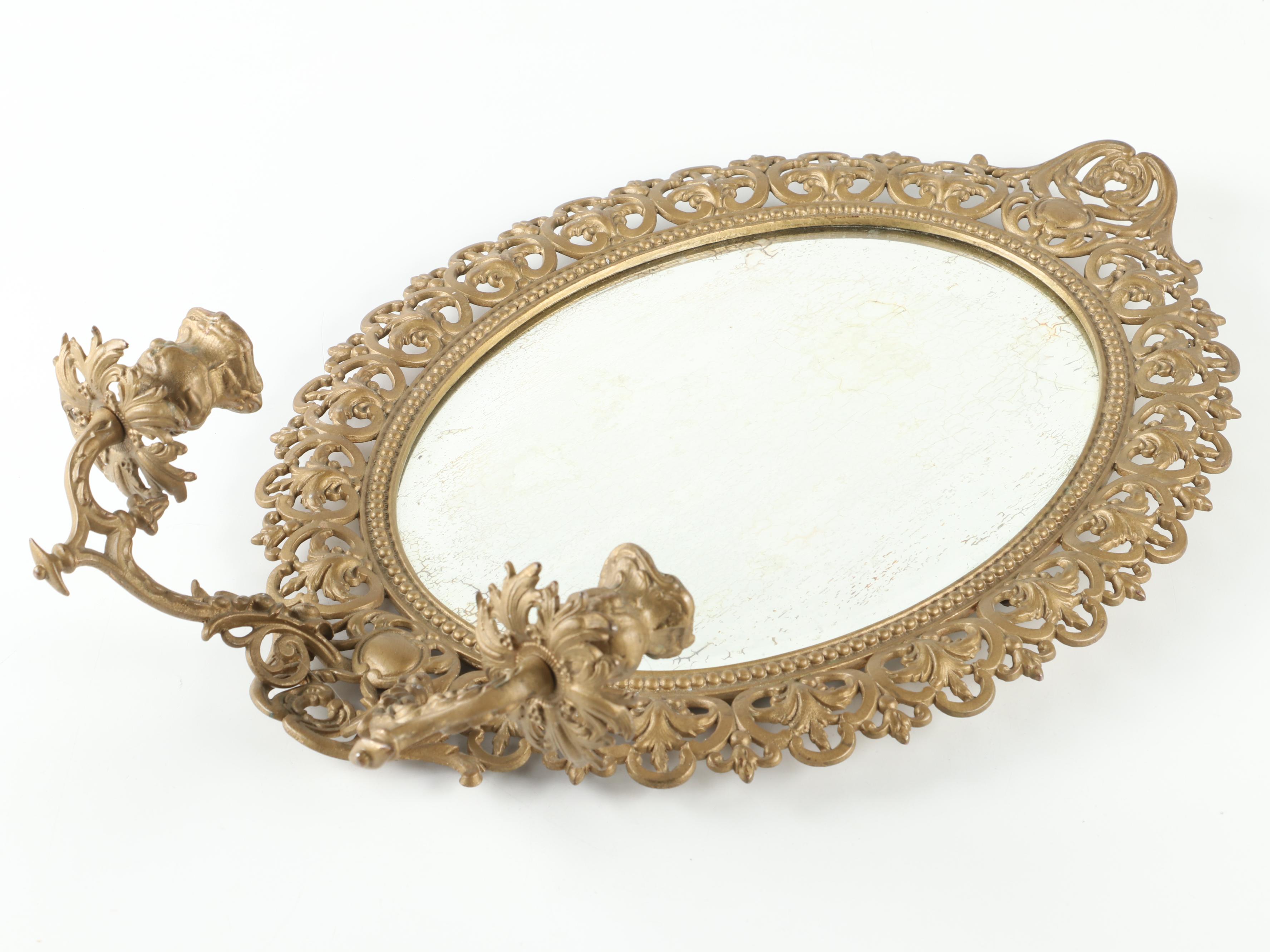 Rococo Style  Wall Mirror with French Porcelain Floral and Metal Candle Sconces
