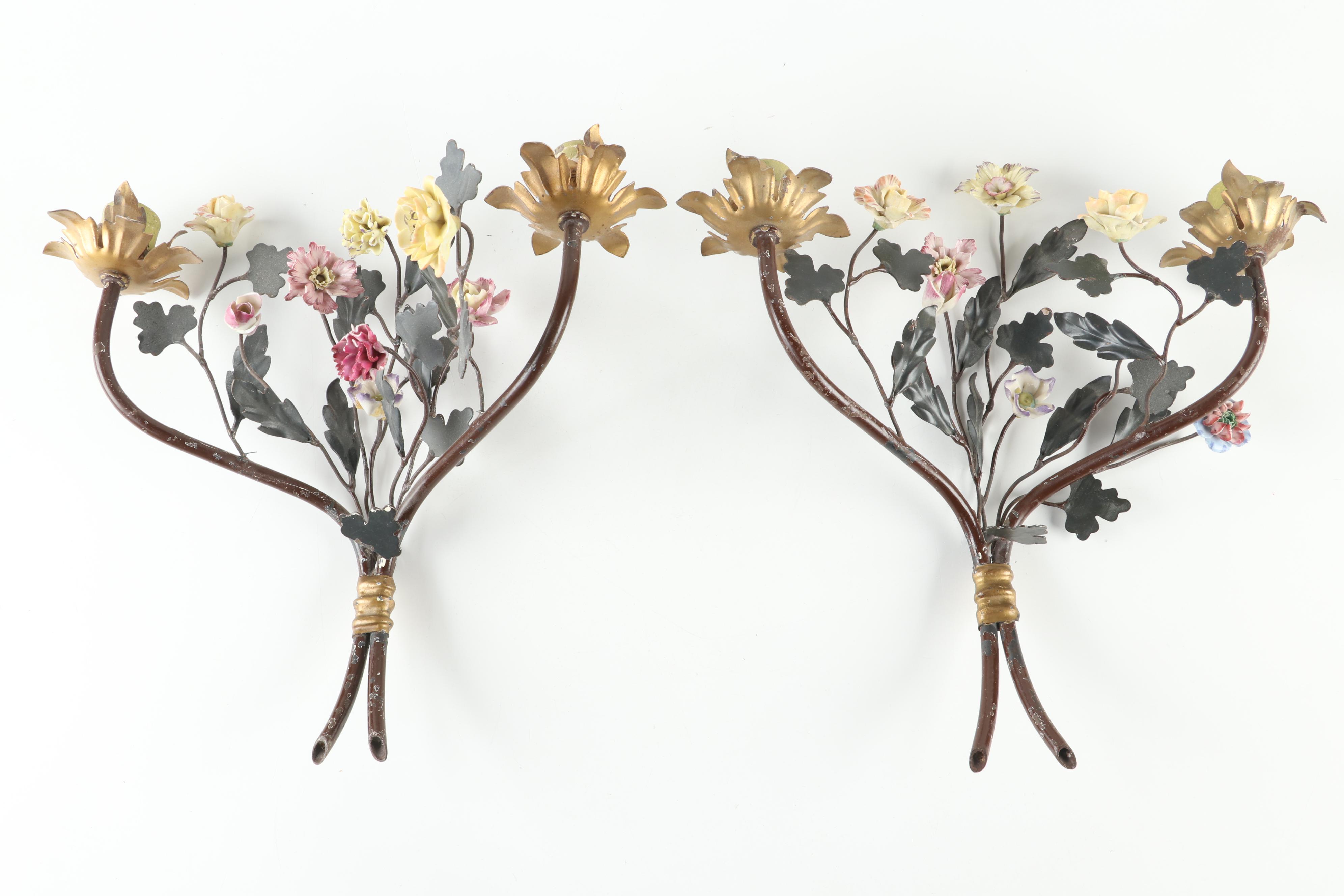 Rococo Style  Wall Mirror with French Porcelain Floral and Metal Candle Sconces