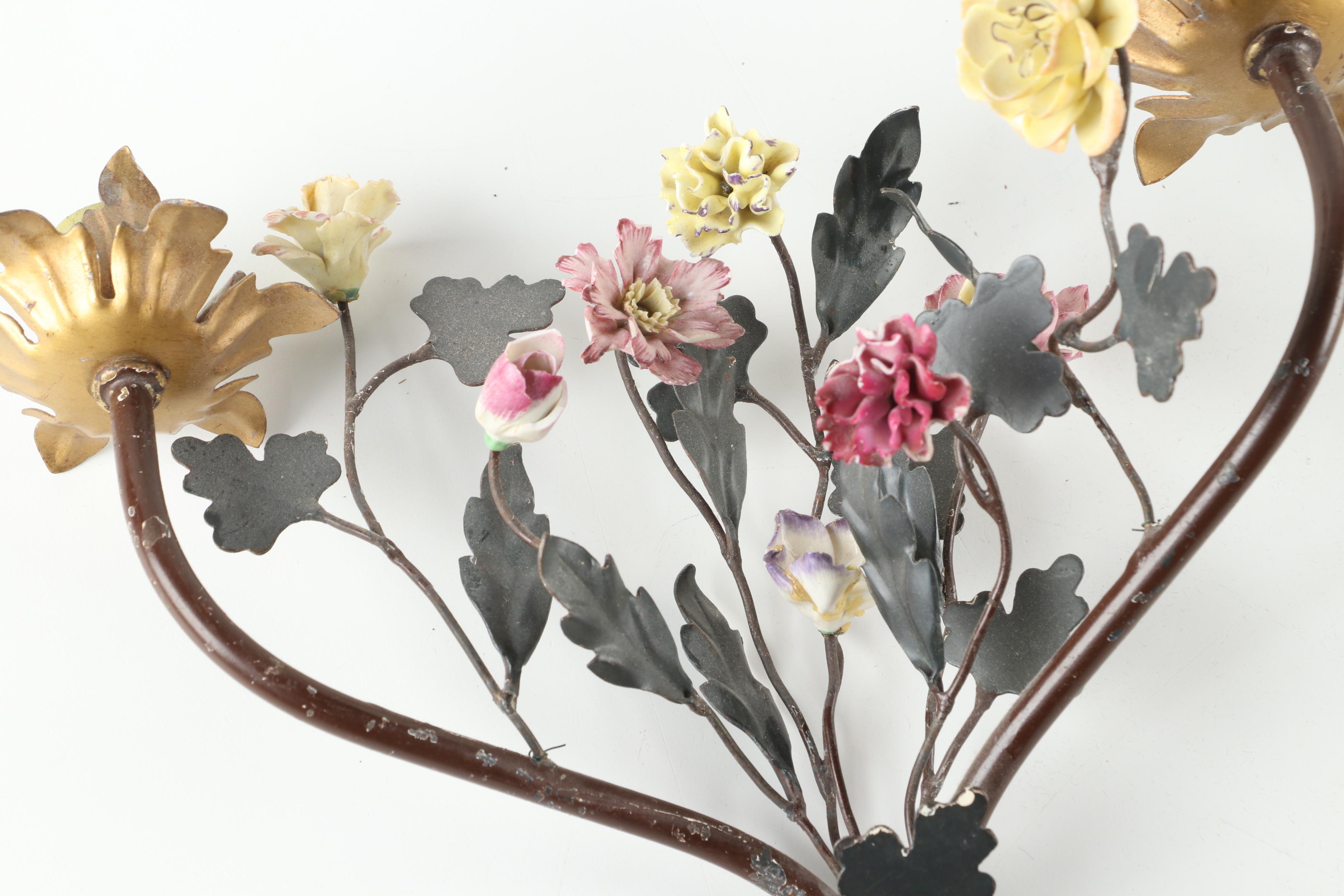 Rococo Style  Wall Mirror with French Porcelain Floral and Metal Candle Sconces