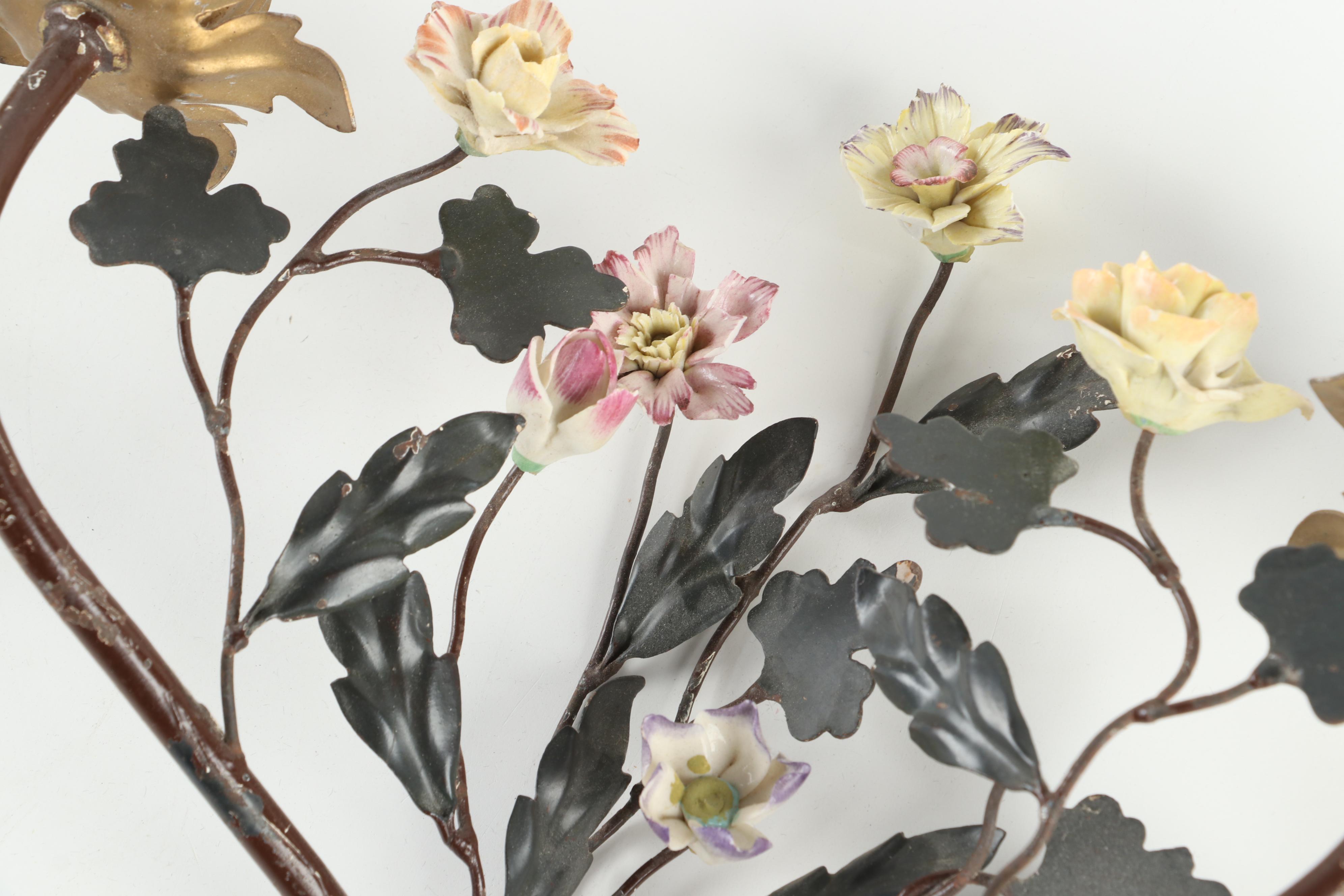 Rococo Style  Wall Mirror with French Porcelain Floral and Metal Candle Sconces