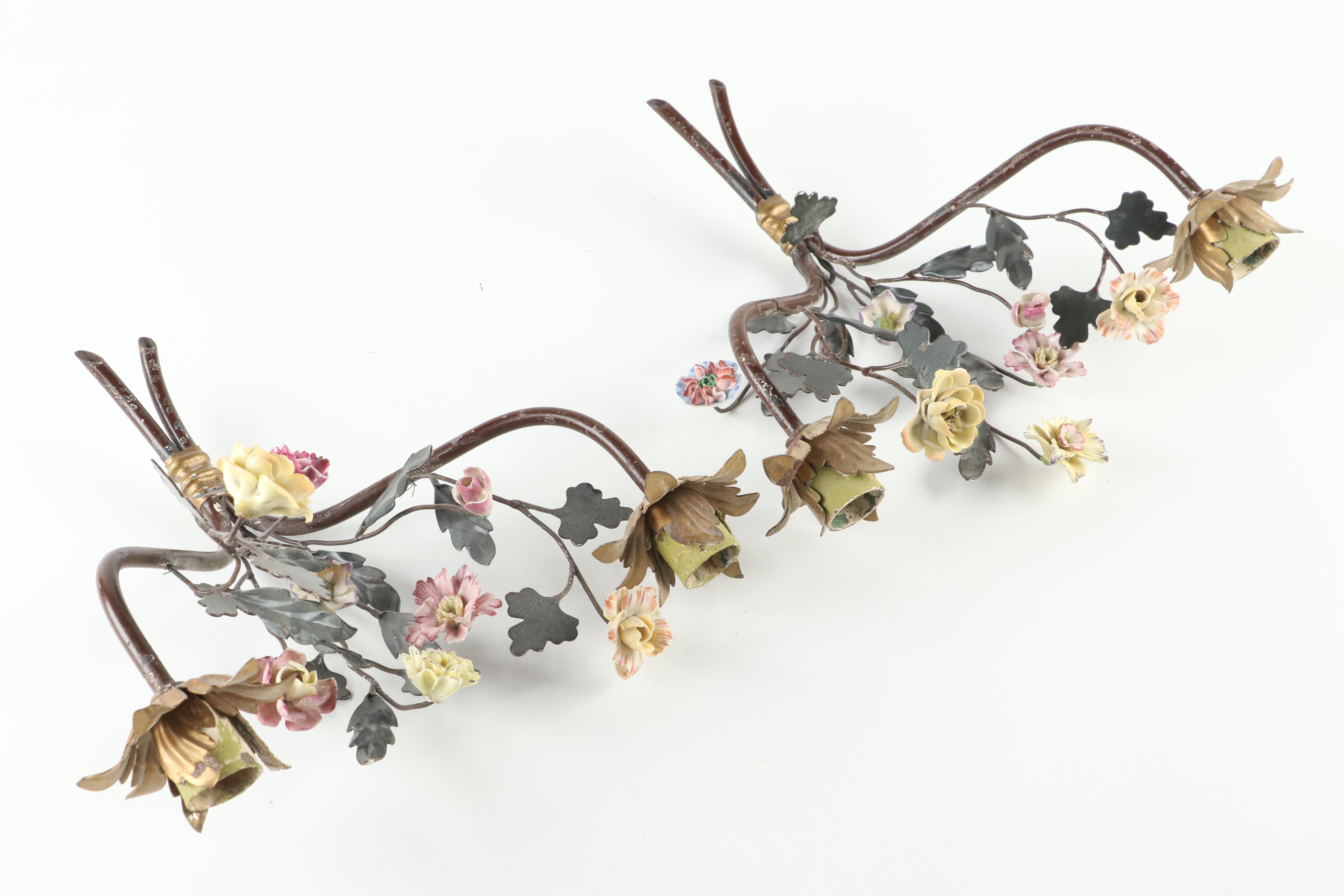 Rococo Style  Wall Mirror with French Porcelain Floral and Metal Candle Sconces