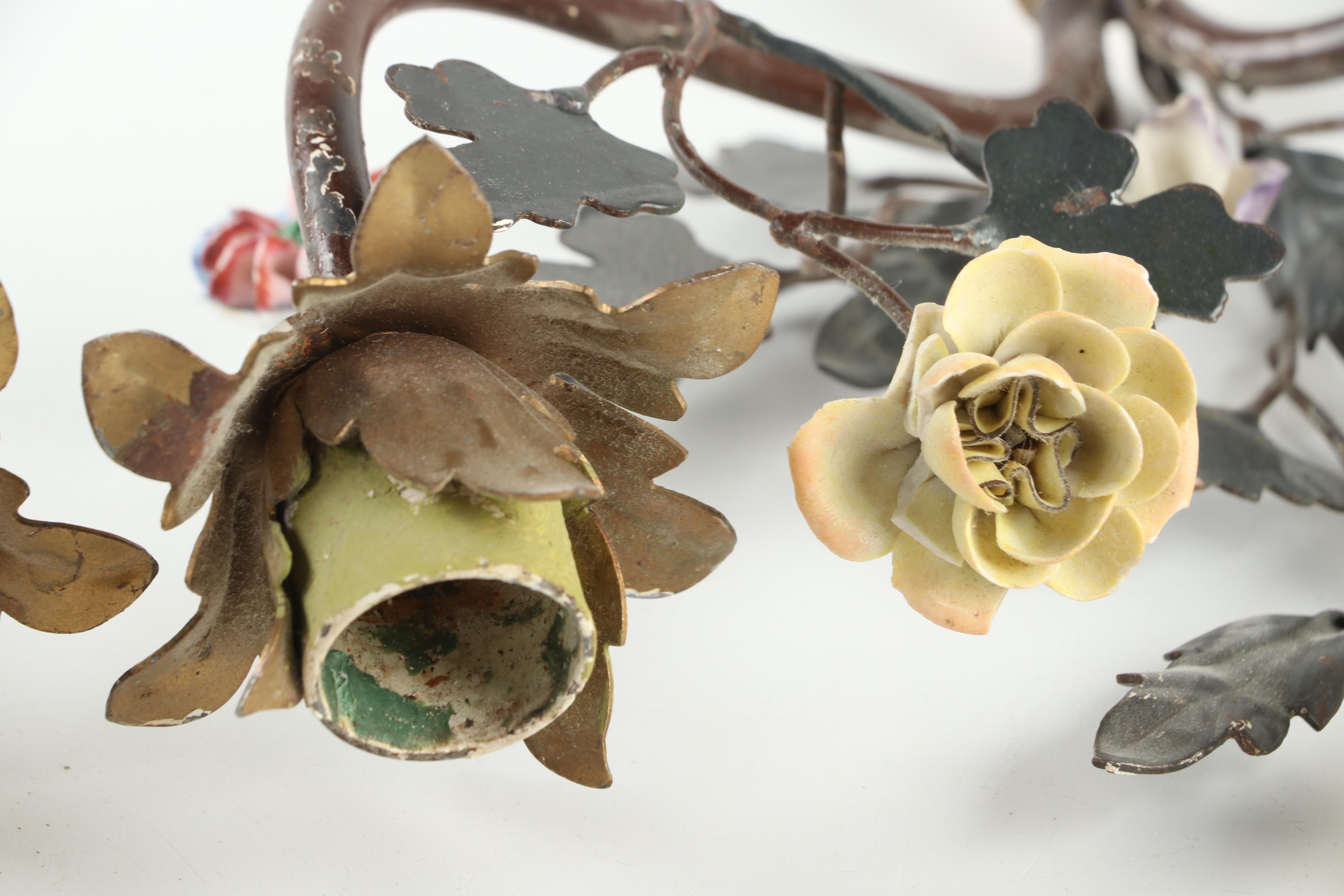 Rococo Style  Wall Mirror with French Porcelain Floral and Metal Candle Sconces