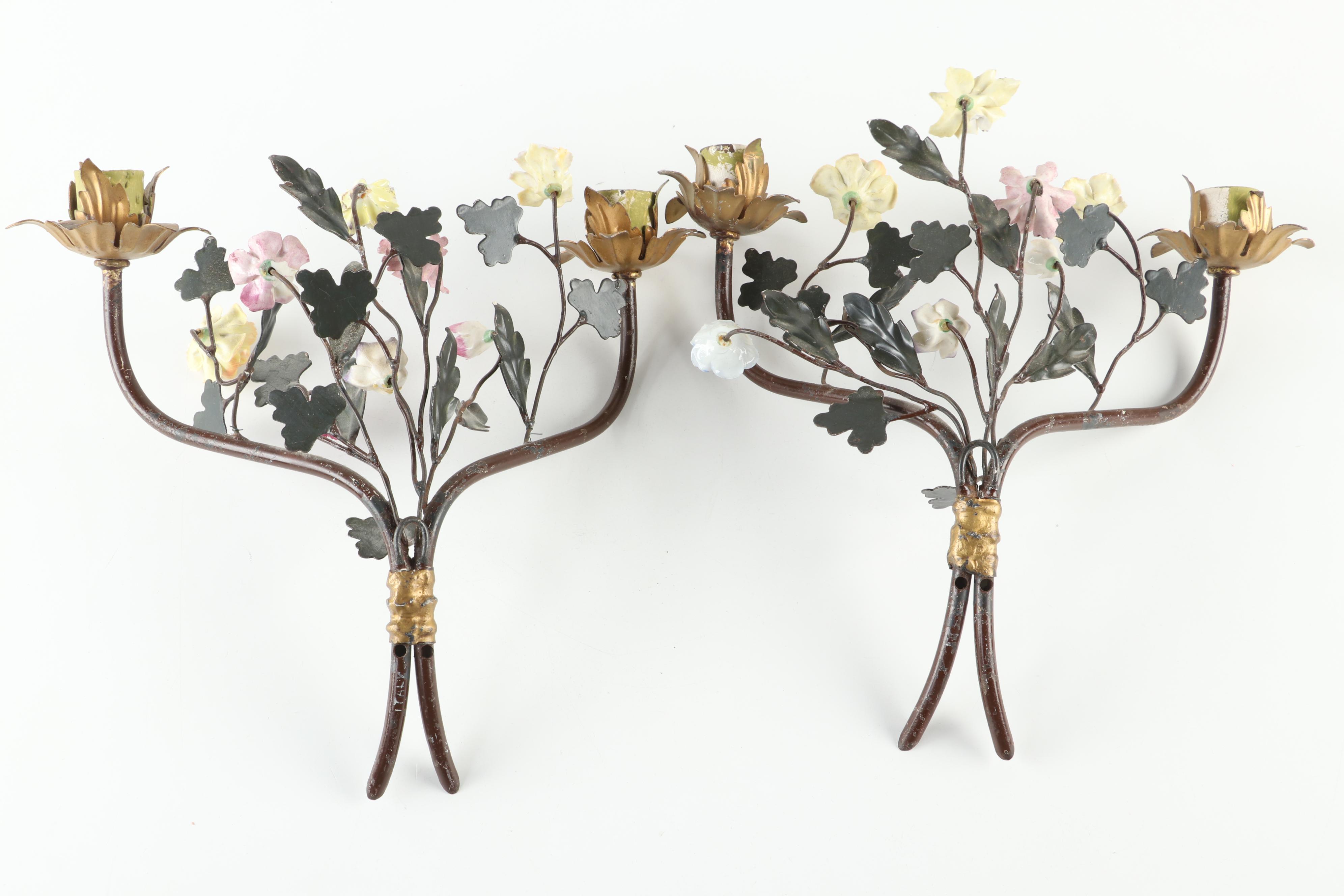 Rococo Style  Wall Mirror with French Porcelain Floral and Metal Candle Sconces