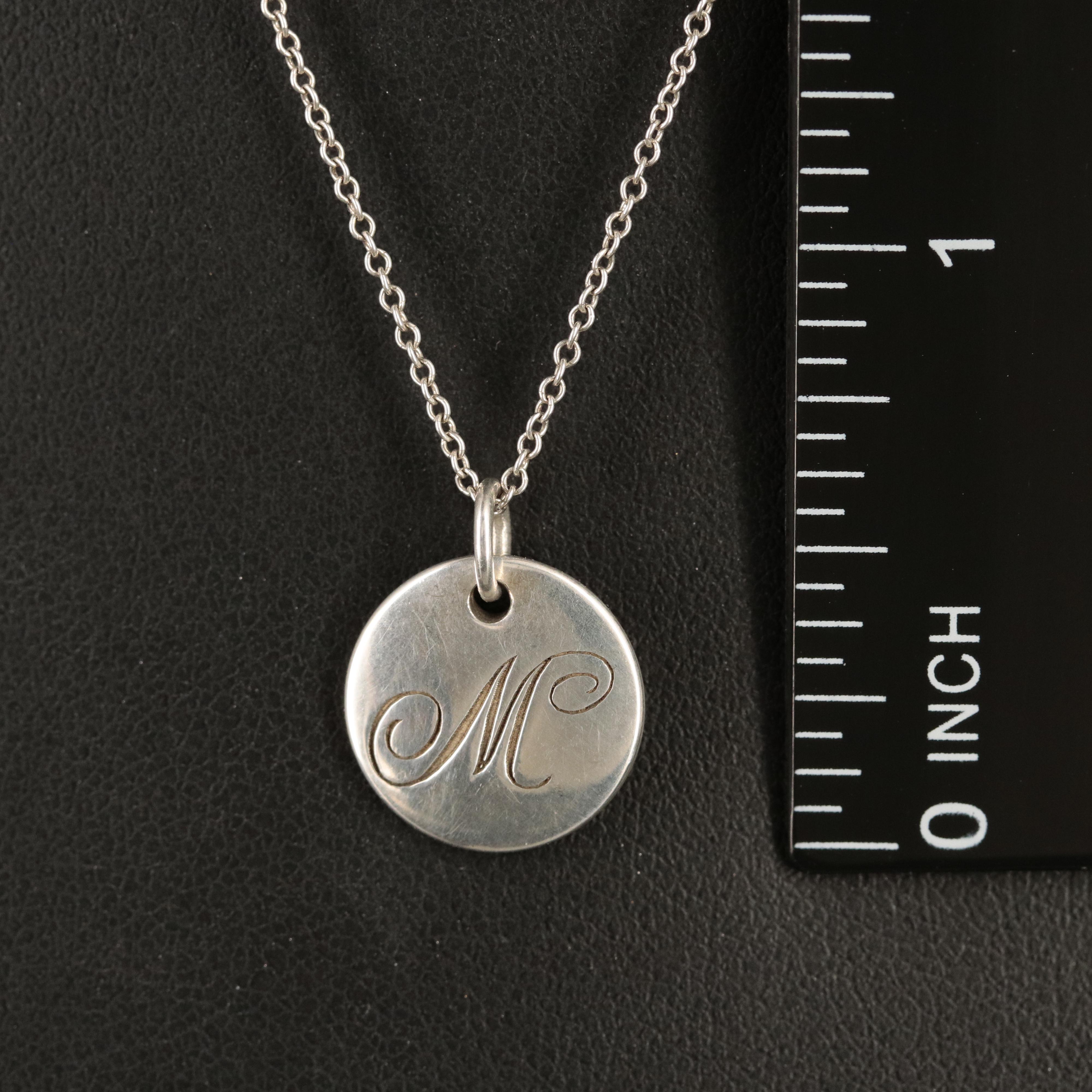 Tiffany & Co. Sterling Circle Tag Monogram "M" Pendant Necklace