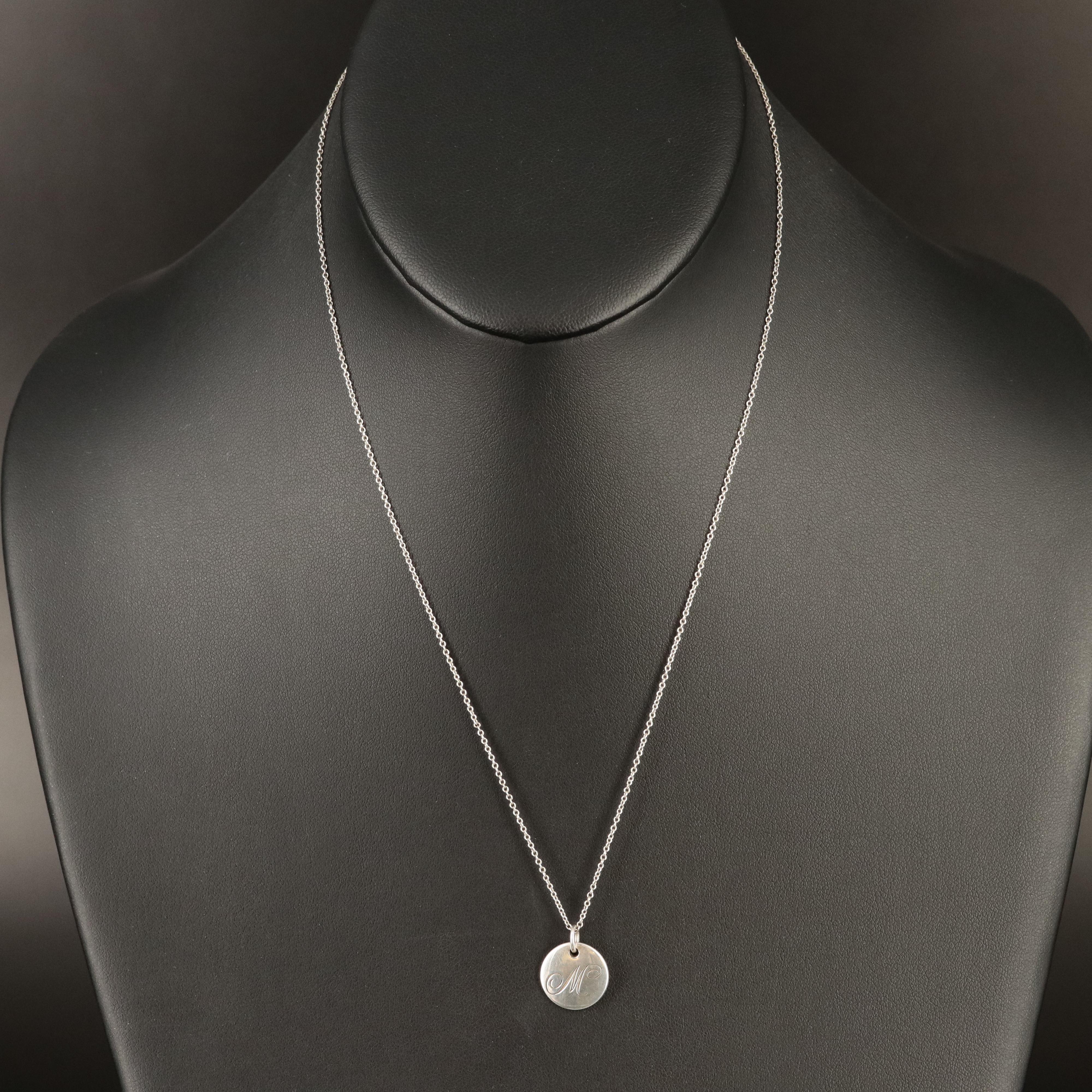 Tiffany & Co. Sterling Circle Tag Monogram "M" Pendant Necklace