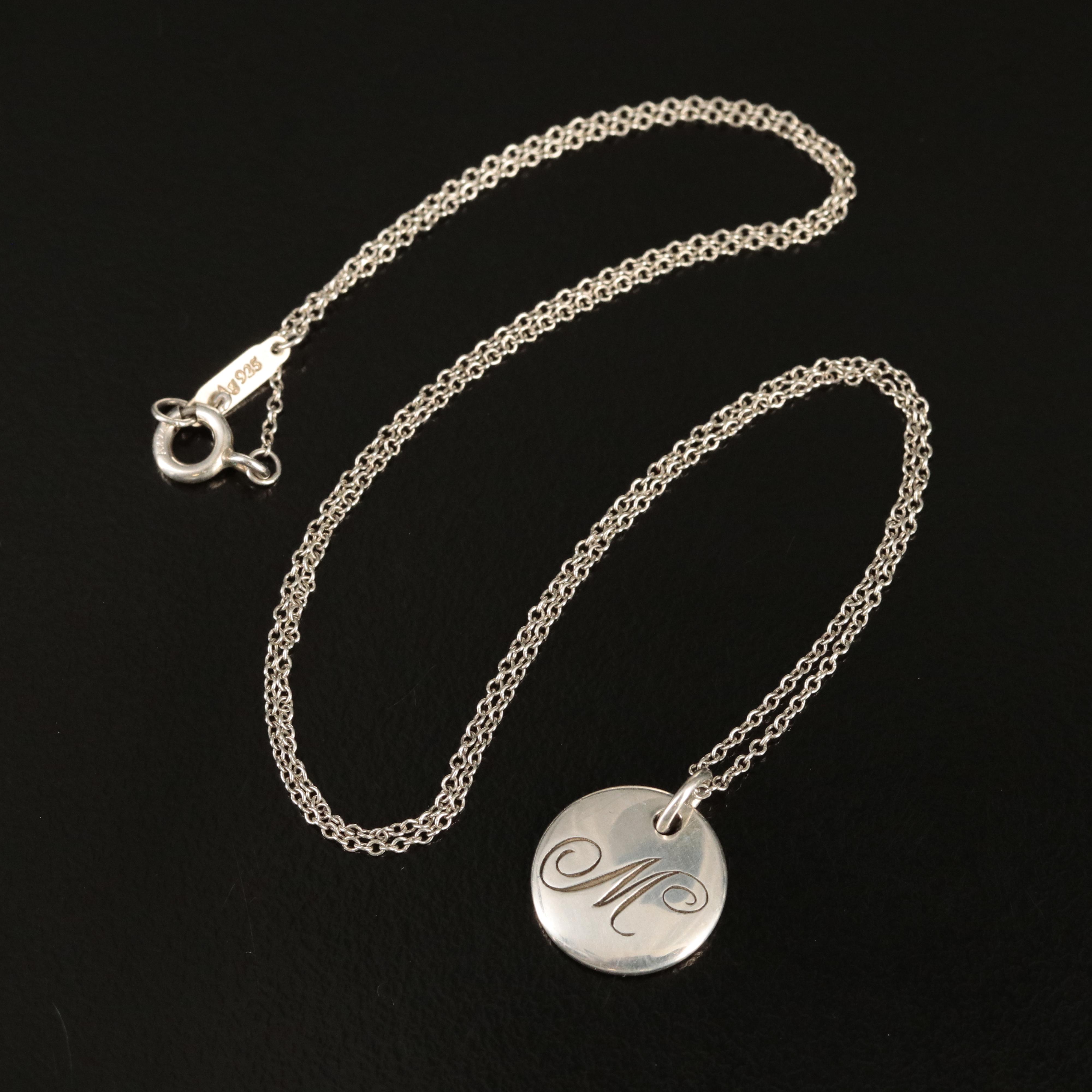 Tiffany & Co. Sterling Circle Tag Monogram "M" Pendant Necklace