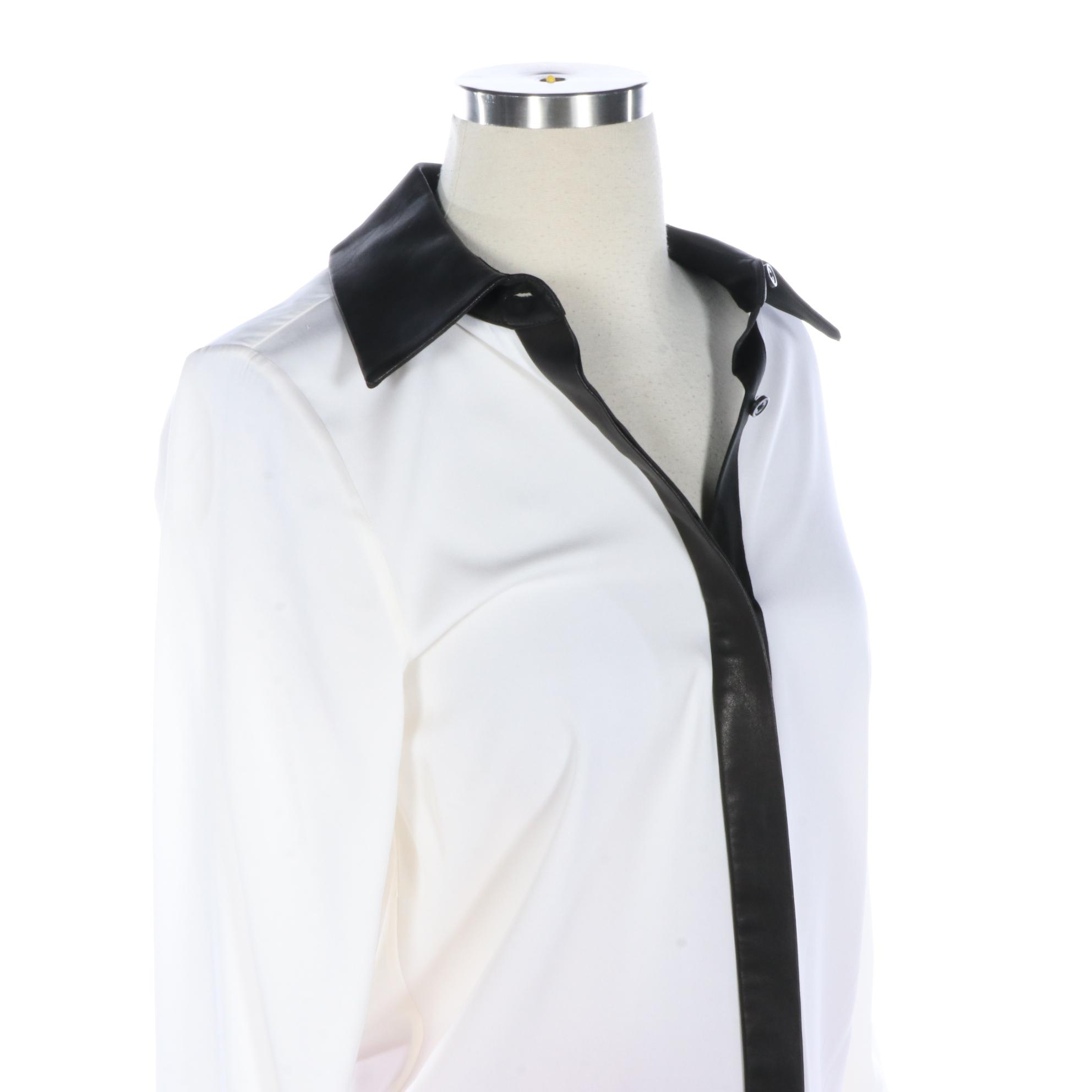 Alice + Olivia Button-Down Shirt with Lambskin Trim and Crepe Trousers