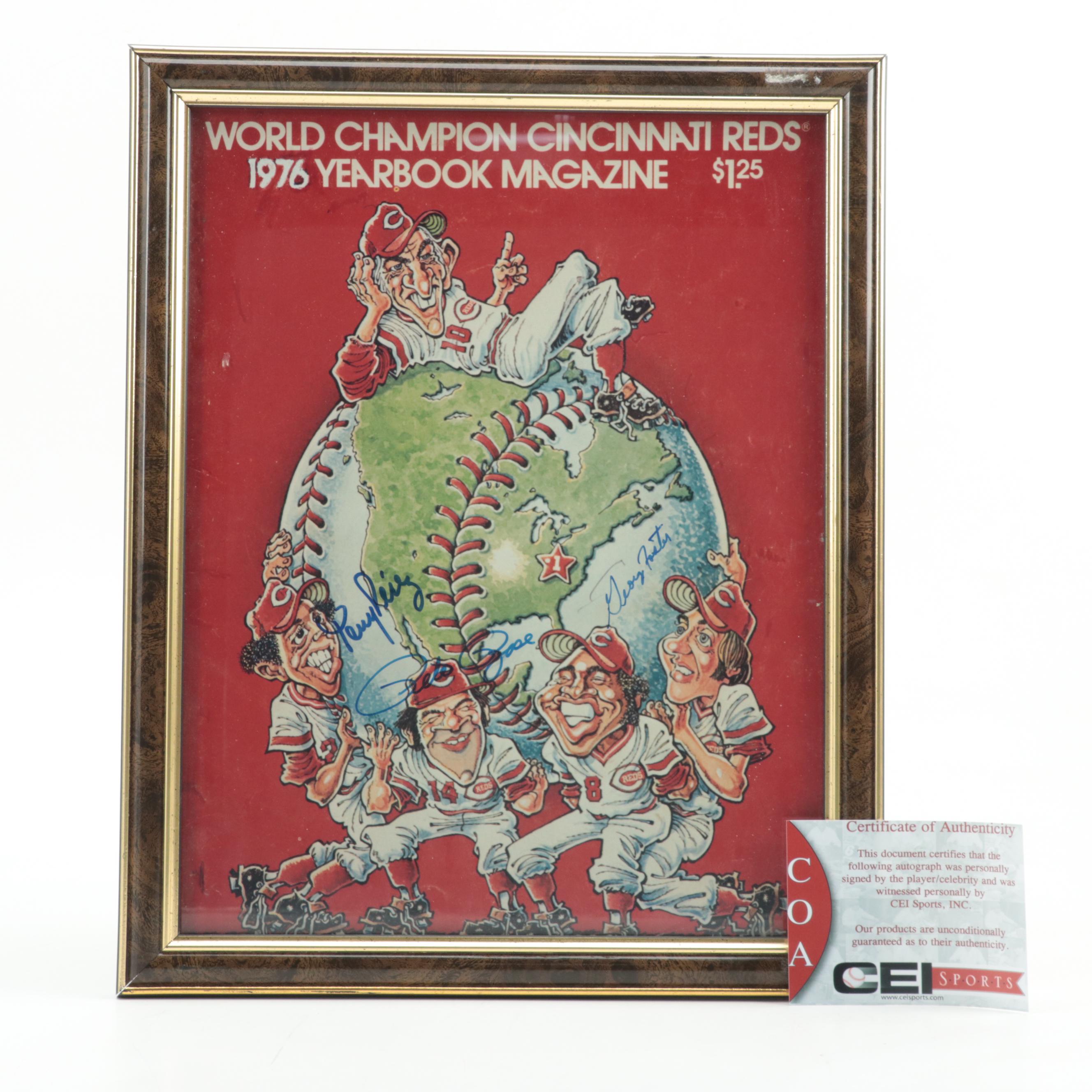 Rose, Foster, Pérez Signed 1976 Cincinnati Reds World Series Yearbook Giclée