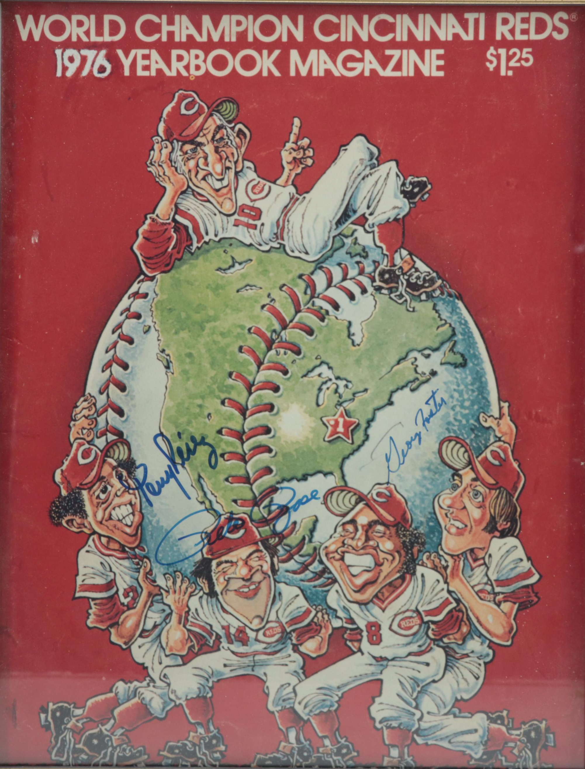 Rose, Foster, Pérez Signed 1976 Cincinnati Reds World Series Yearbook Giclée