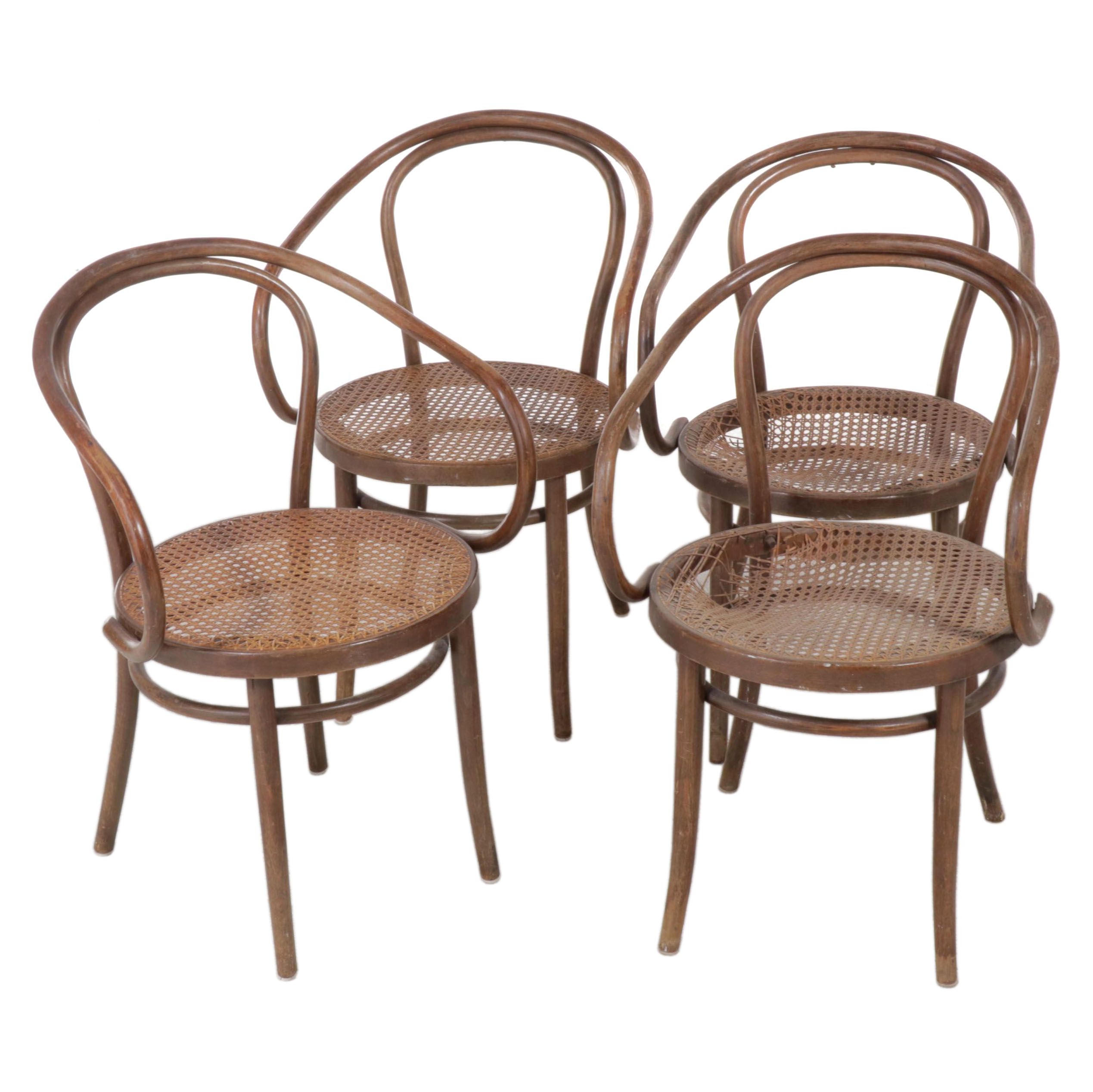 Four Thonet Style Bentwood Armchairs with Caned Seats