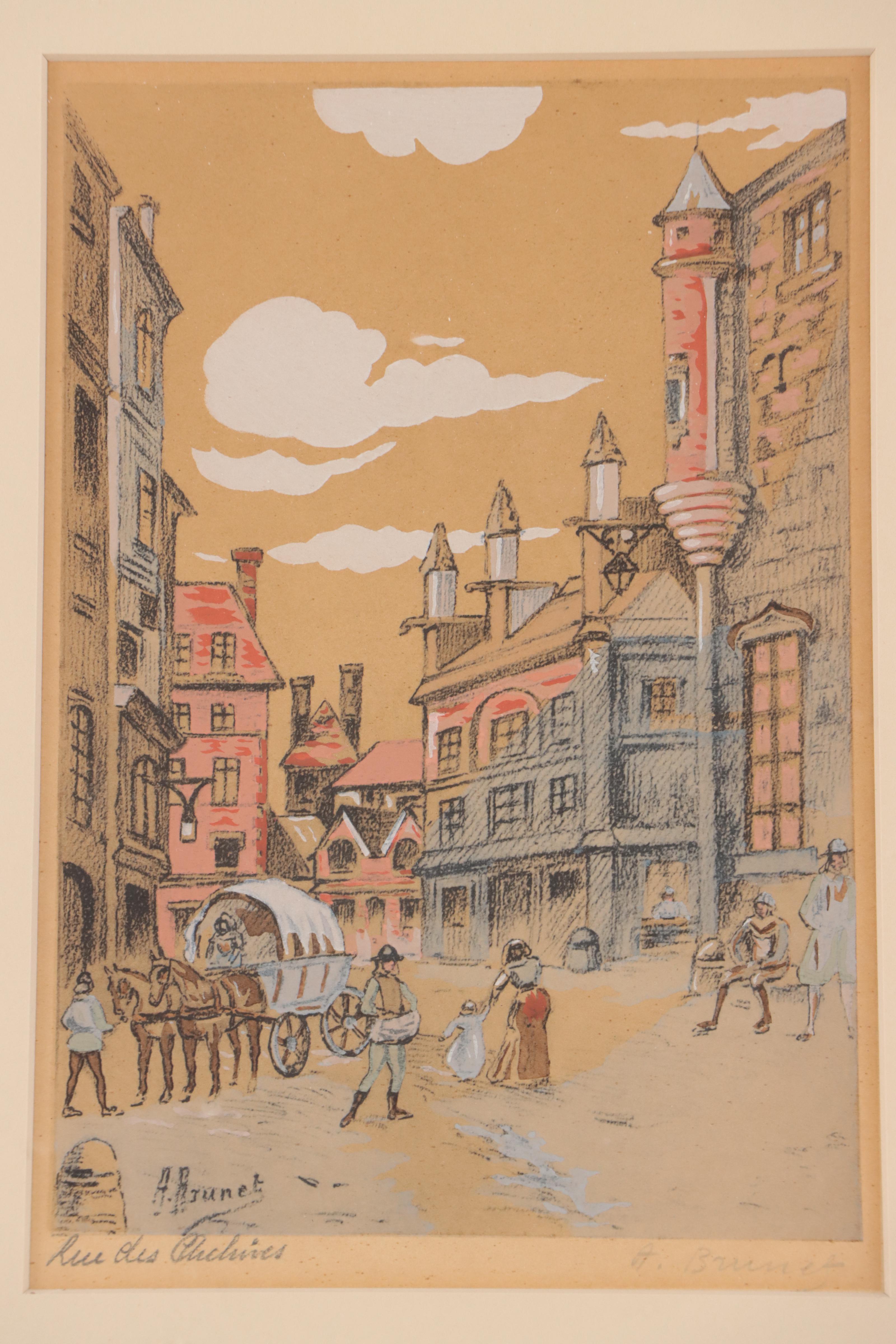 A. Brunet Hand-Colored Collotypes "Rue des Orfèvres" and "Rue St. Germain"