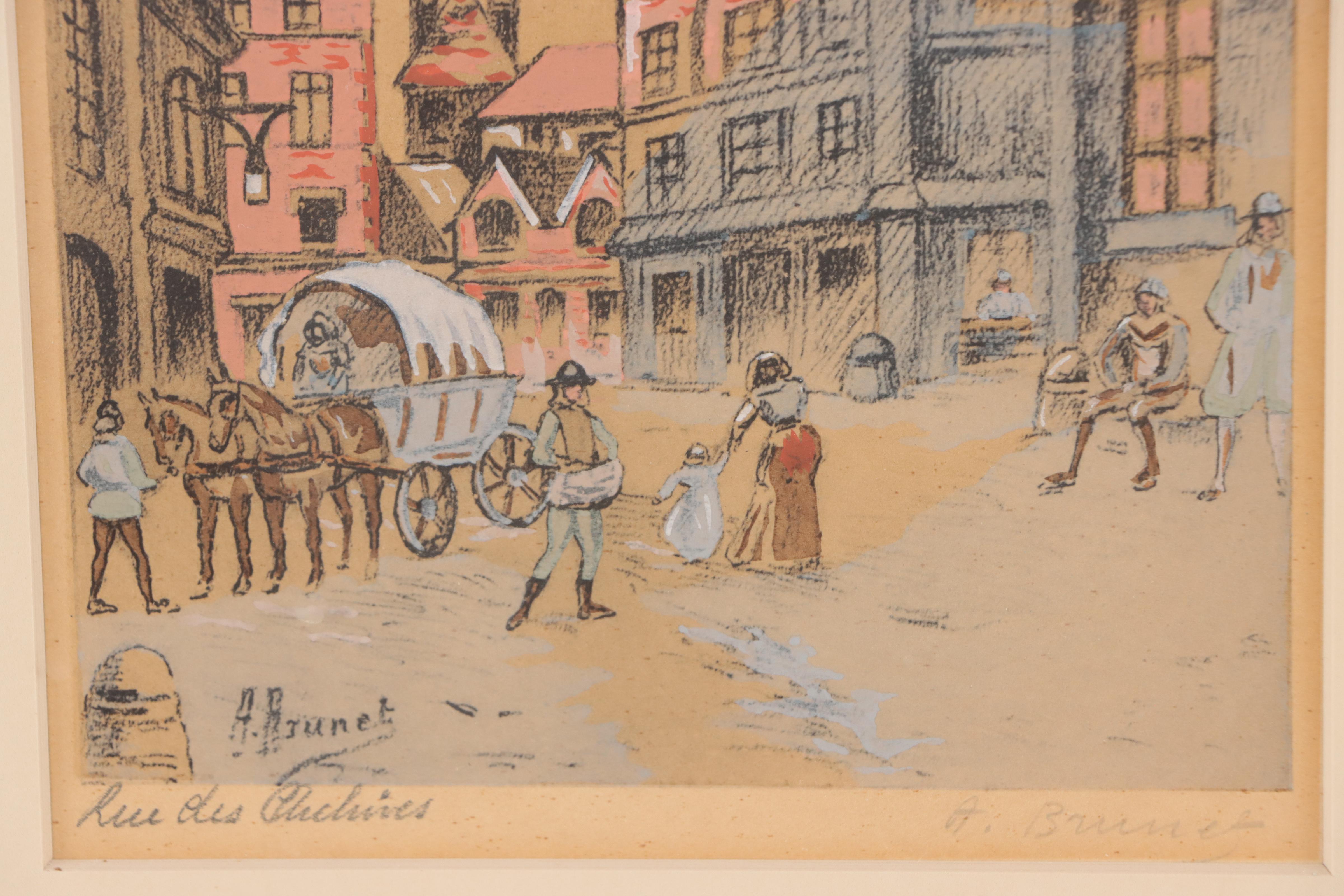 A. Brunet Hand-Colored Collotypes "Rue des Orfèvres" and "Rue St. Germain"