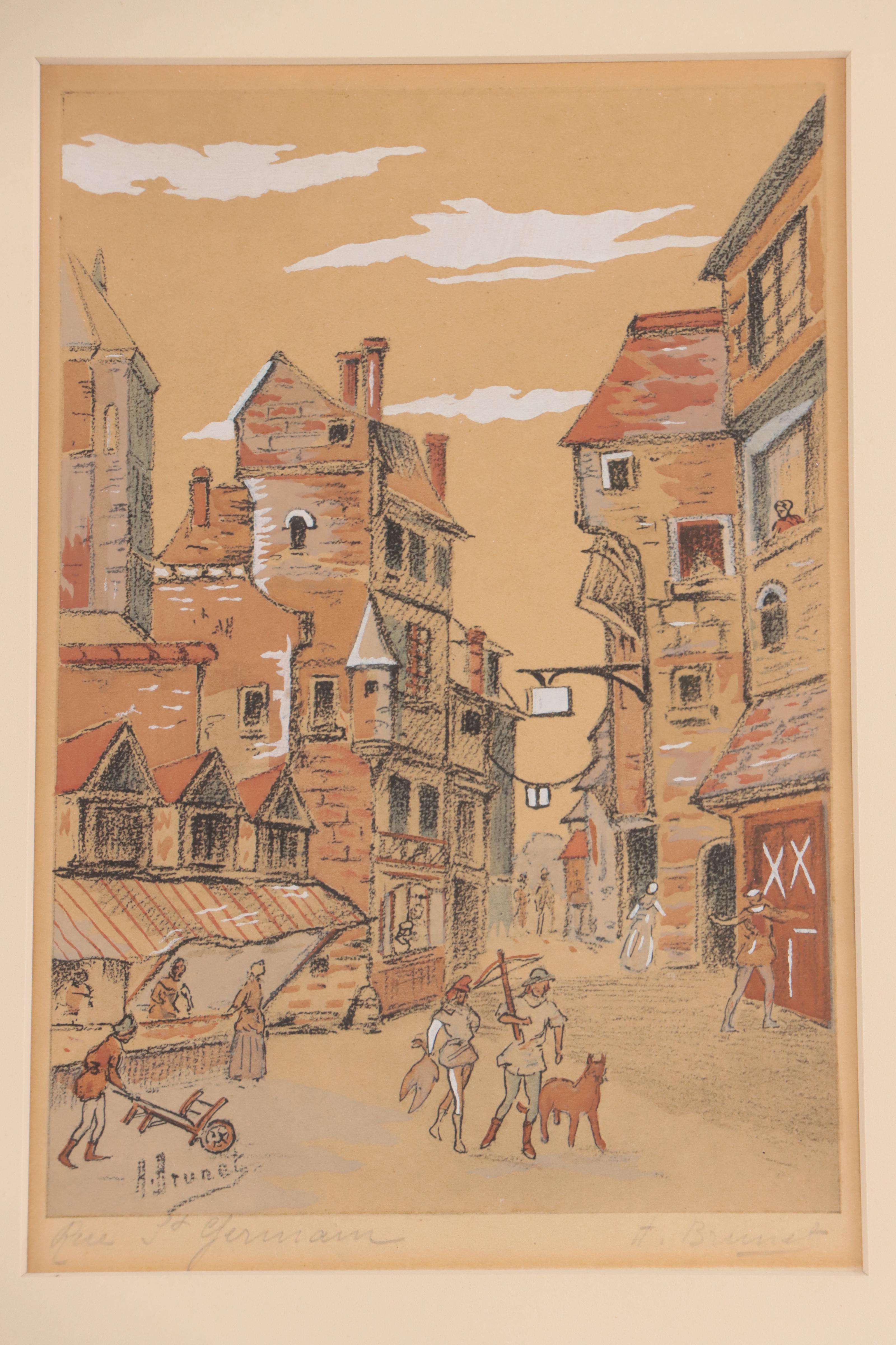 A. Brunet Hand-Colored Collotypes "Rue des Orfèvres" and "Rue St. Germain"