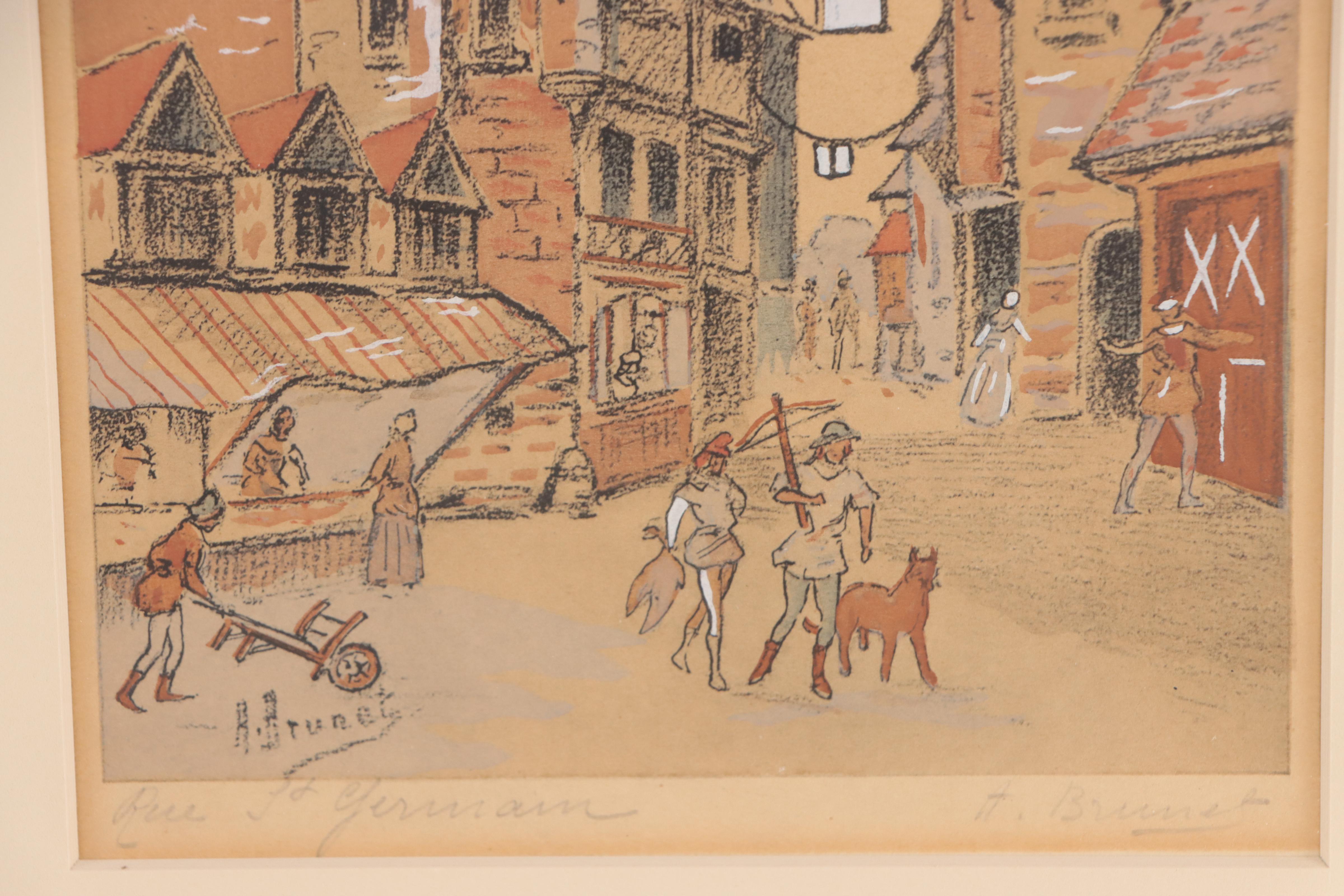 A. Brunet Hand-Colored Collotypes "Rue des Orfèvres" and "Rue St. Germain"
