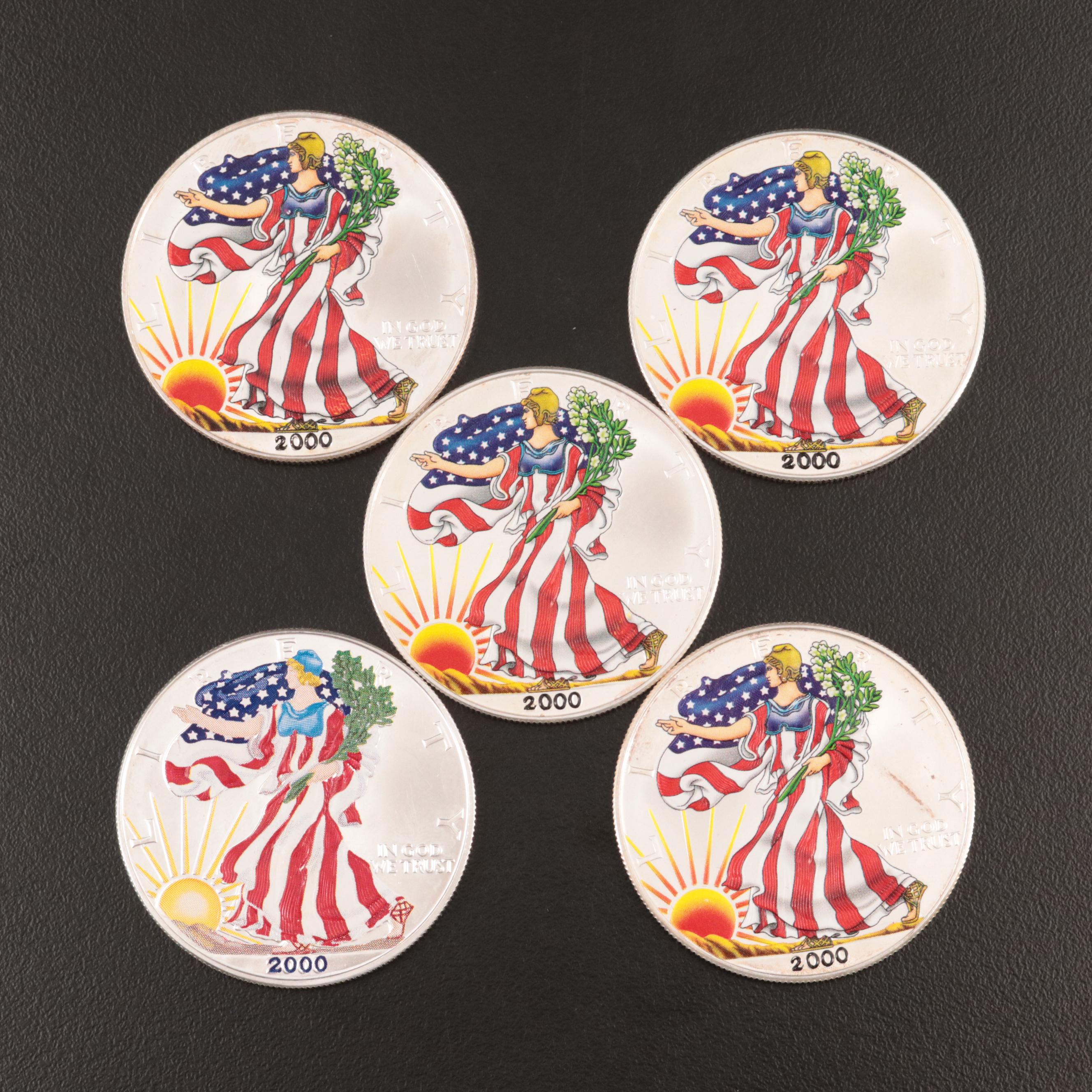 Five Colorized 2000 American Silver Eagles