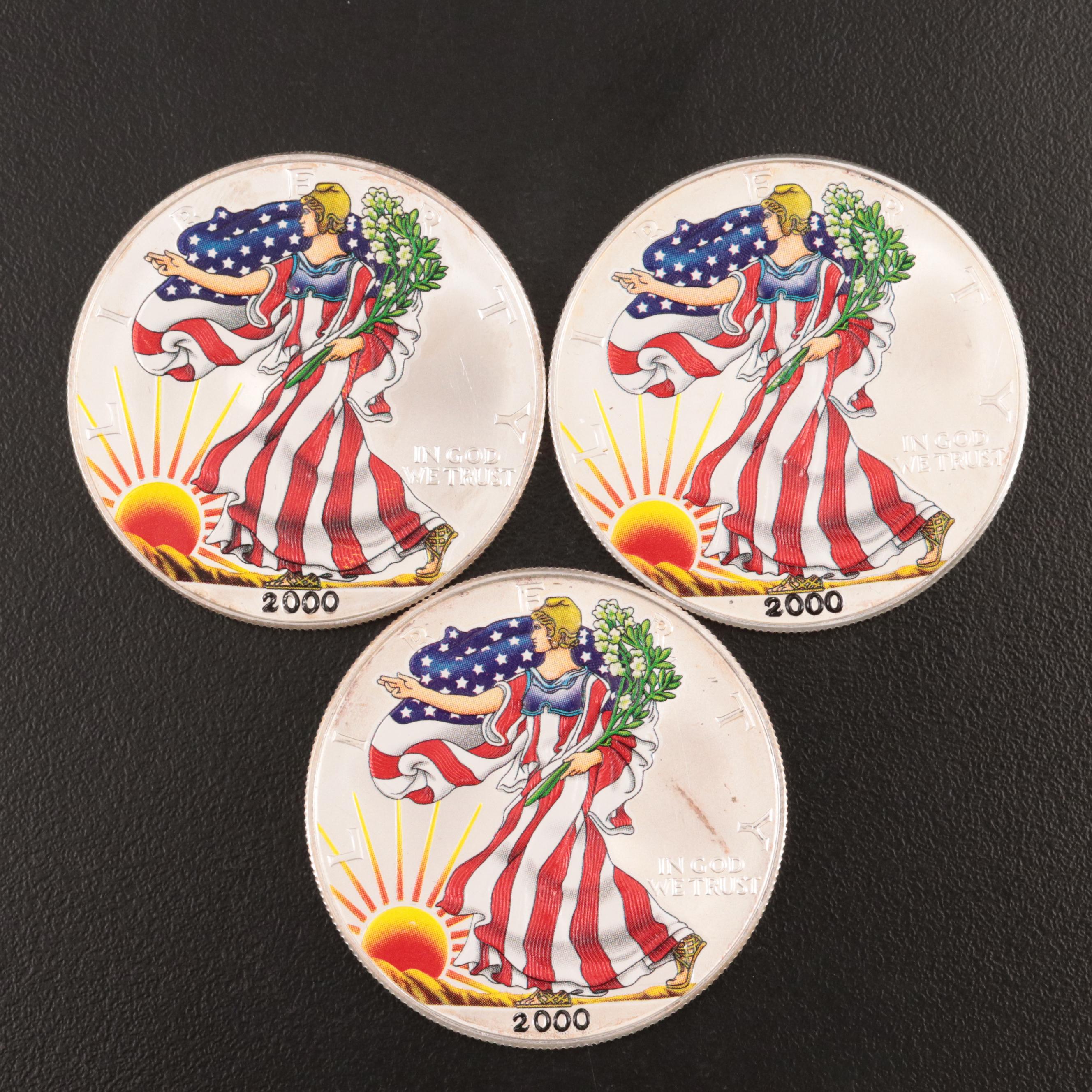 Five Colorized 2000 American Silver Eagles