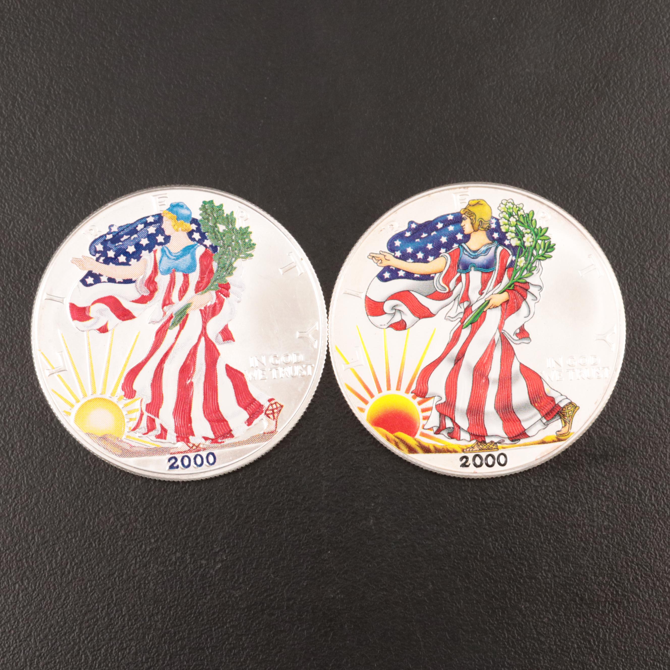 Five Colorized 2000 American Silver Eagles