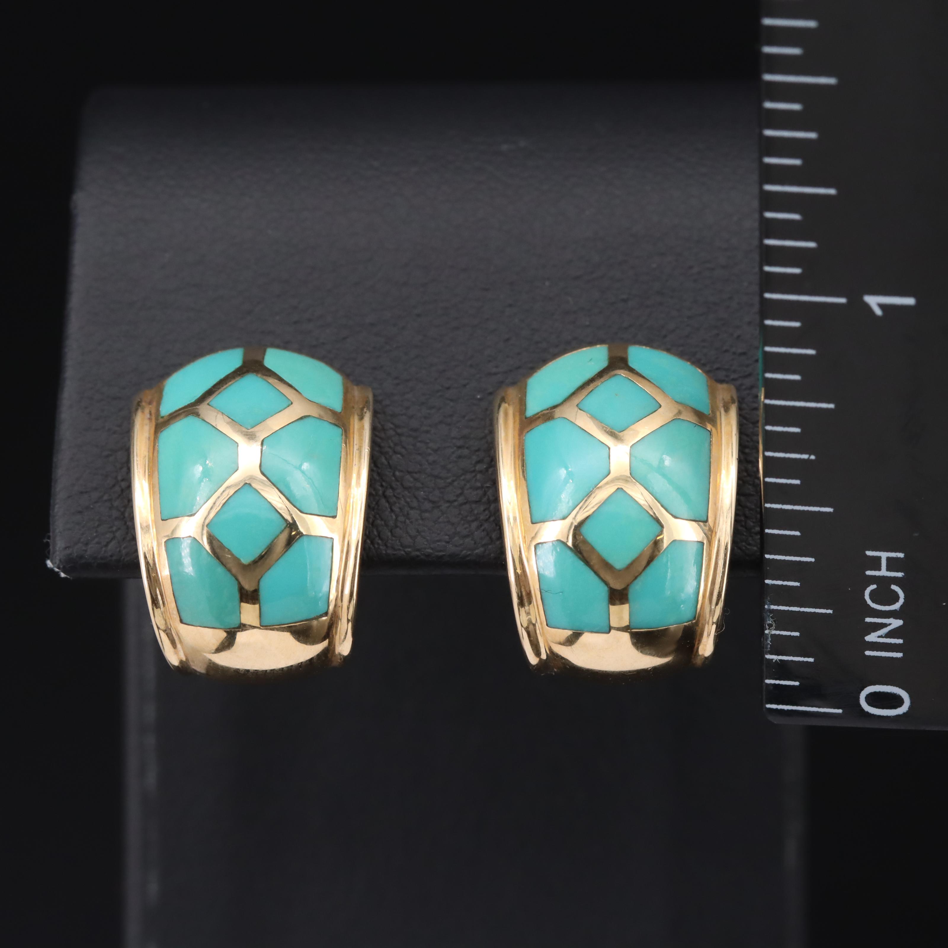 14K Turquoise Inlay J Hoop Earrings