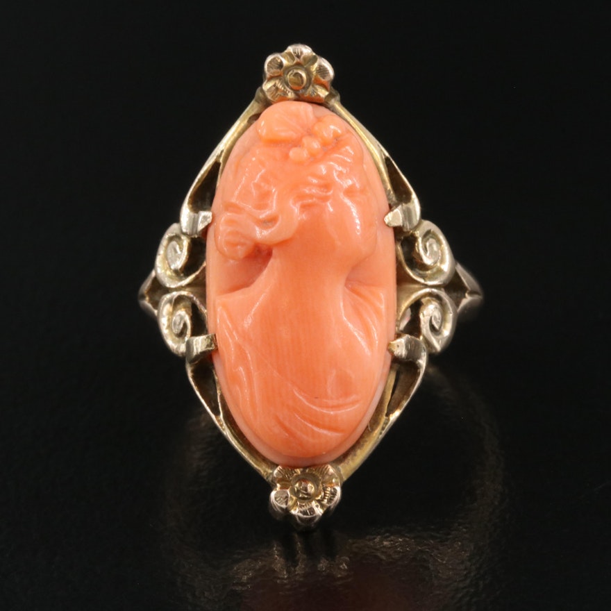 Antique 10K Rose Gold Coral Cameo Ring